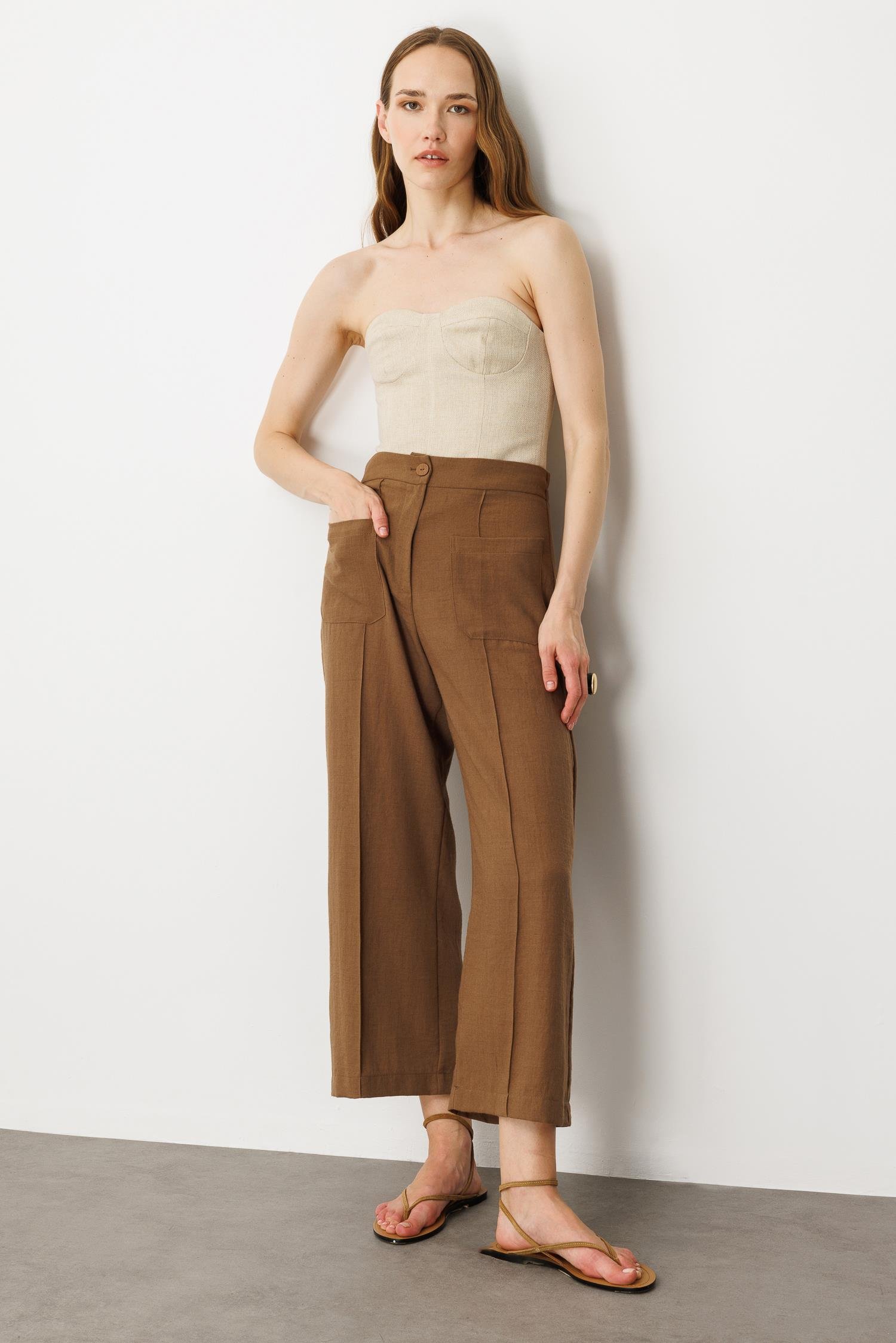 Önden Cep Detaylı Keten Görünüm Pantolon-KAHVE