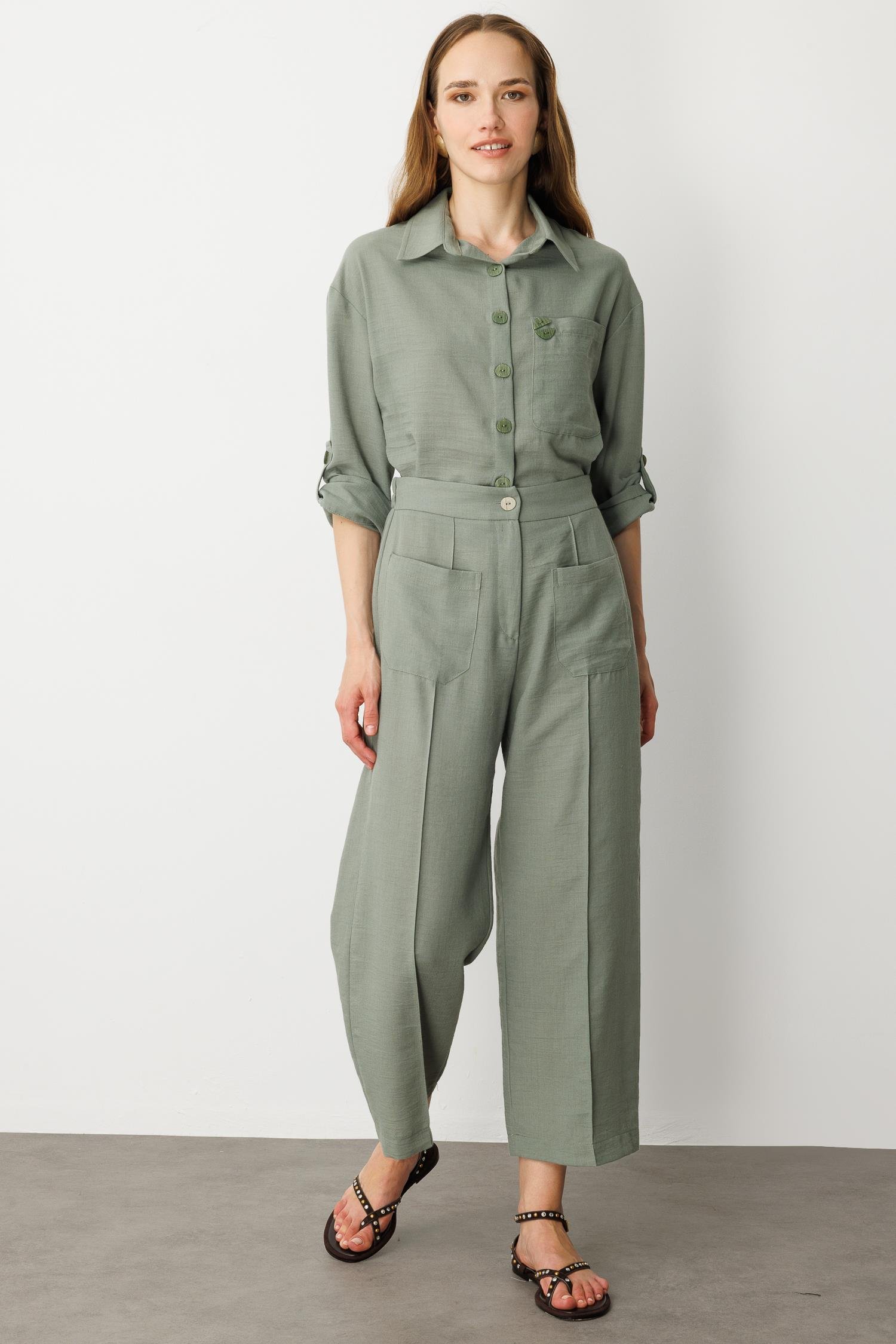 Önden Cep Detaylı Keten Görünüm Pantolon-ÇAĞLA