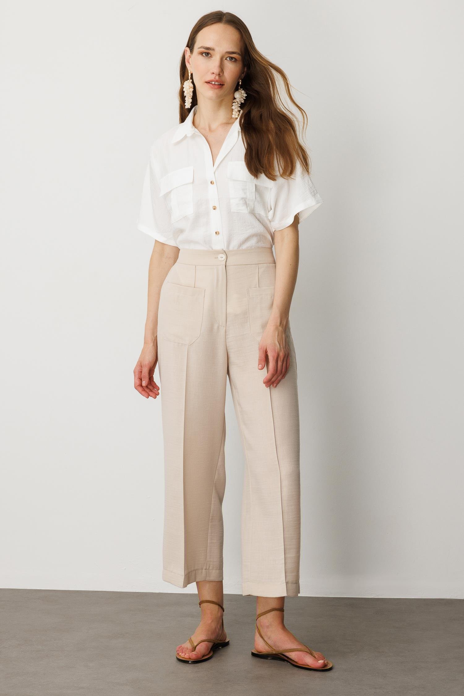 Önden Cep Detaylı Keten Görünüm Pantolon-TAŞ