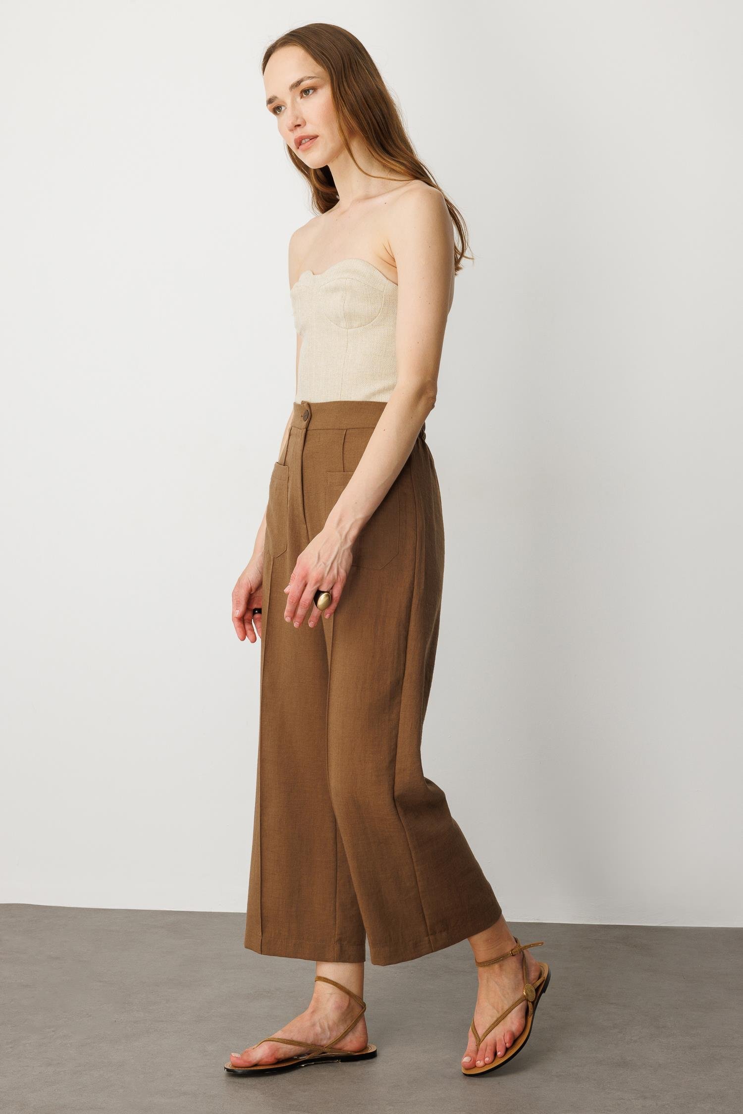 Önden Cep Detaylı Keten Görünüm Pantolon-KAHVE