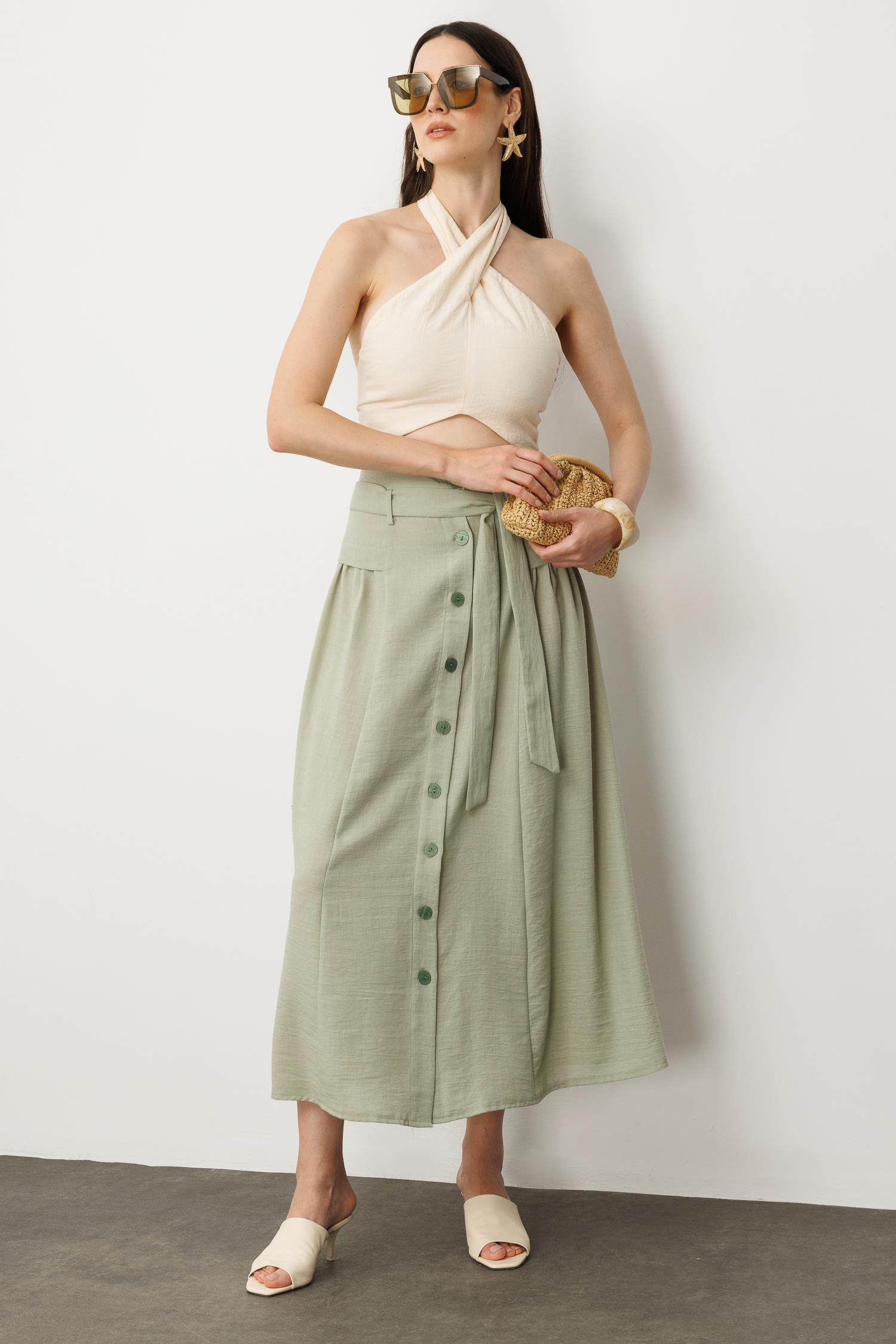 Önden Düğmeli Kemer Detay Etek-SU YEŞİLİ