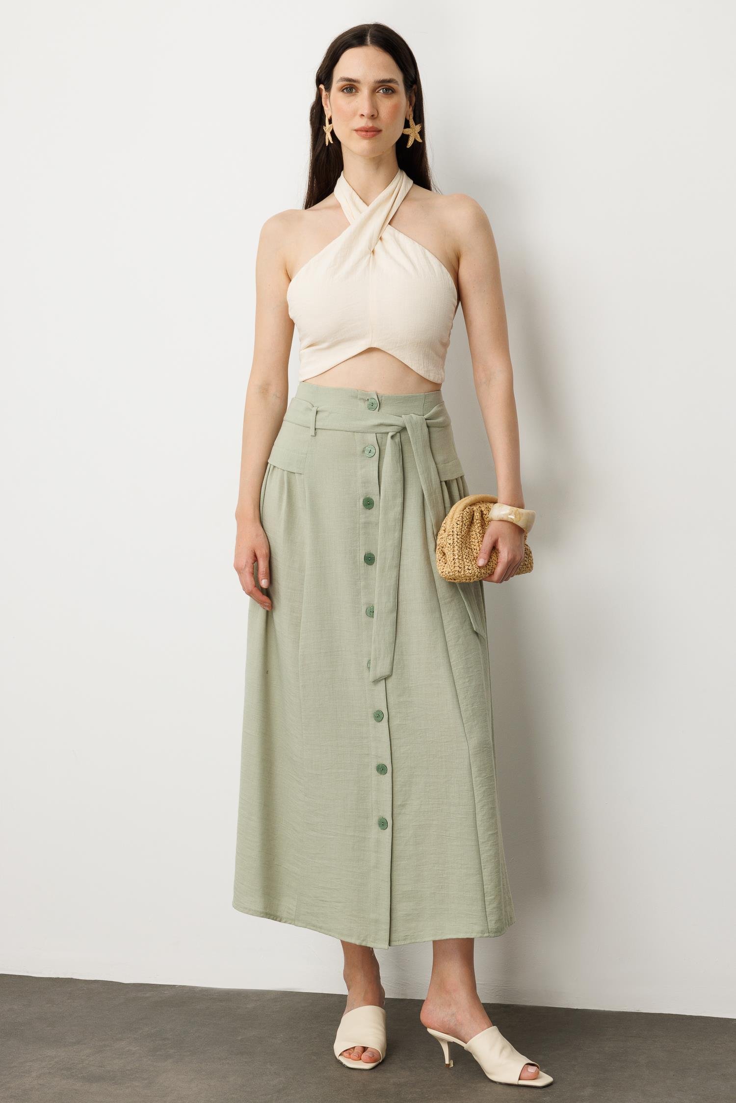 Önden Düğmeli Kemer Detay Etek-SU YEŞİLİ
