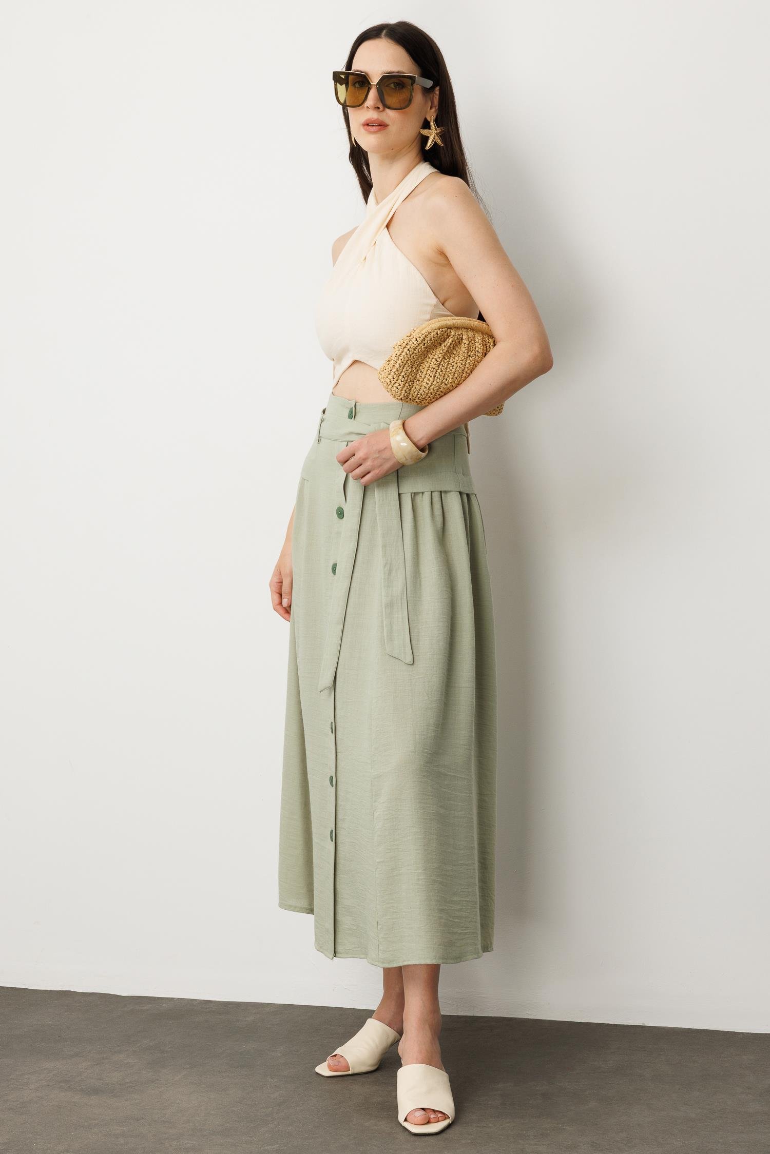 Önden Düğmeli Kemer Detay Etek-SU YEŞİLİ
