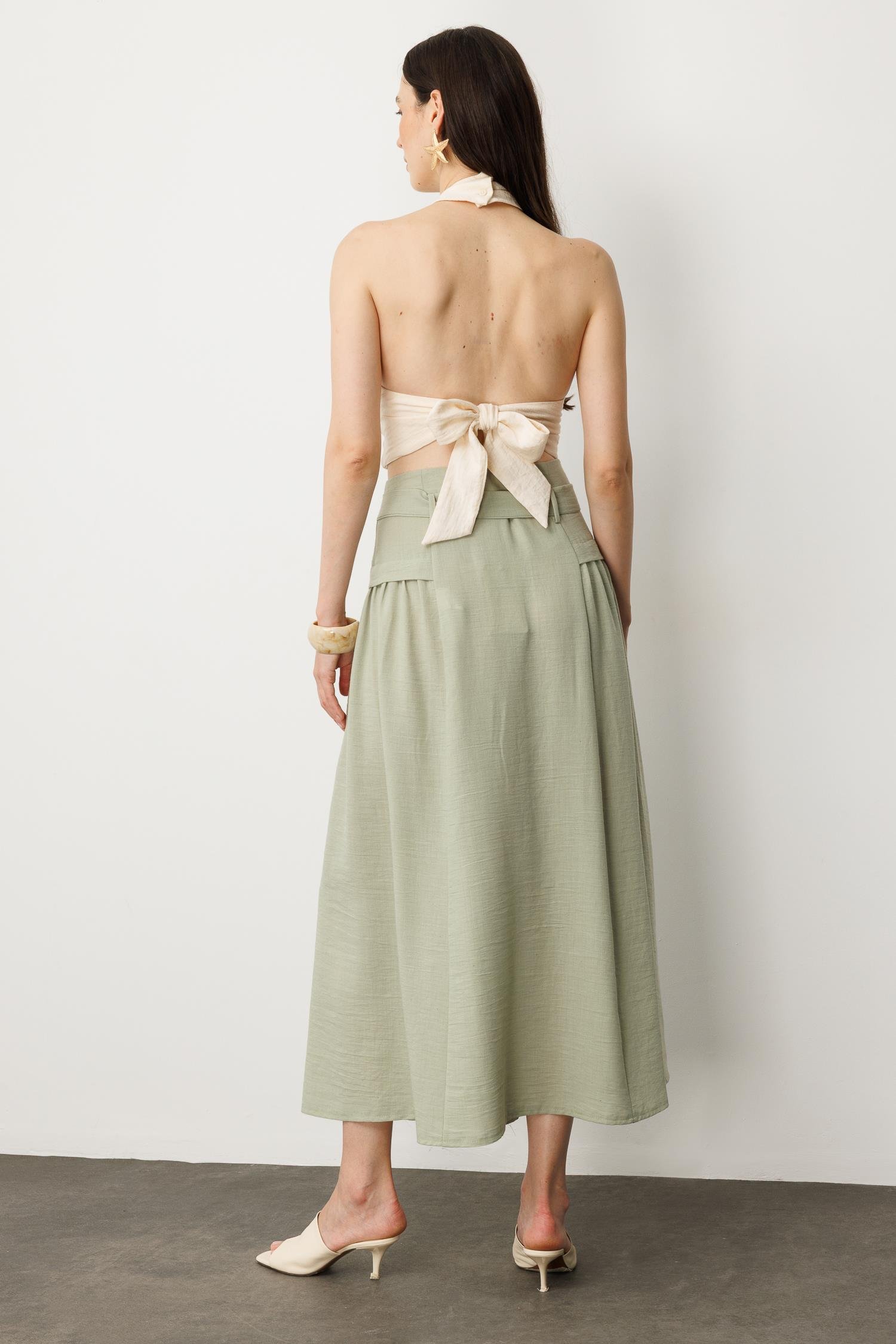 Önden Düğmeli Kemer Detay Etek-SU YEŞİLİ