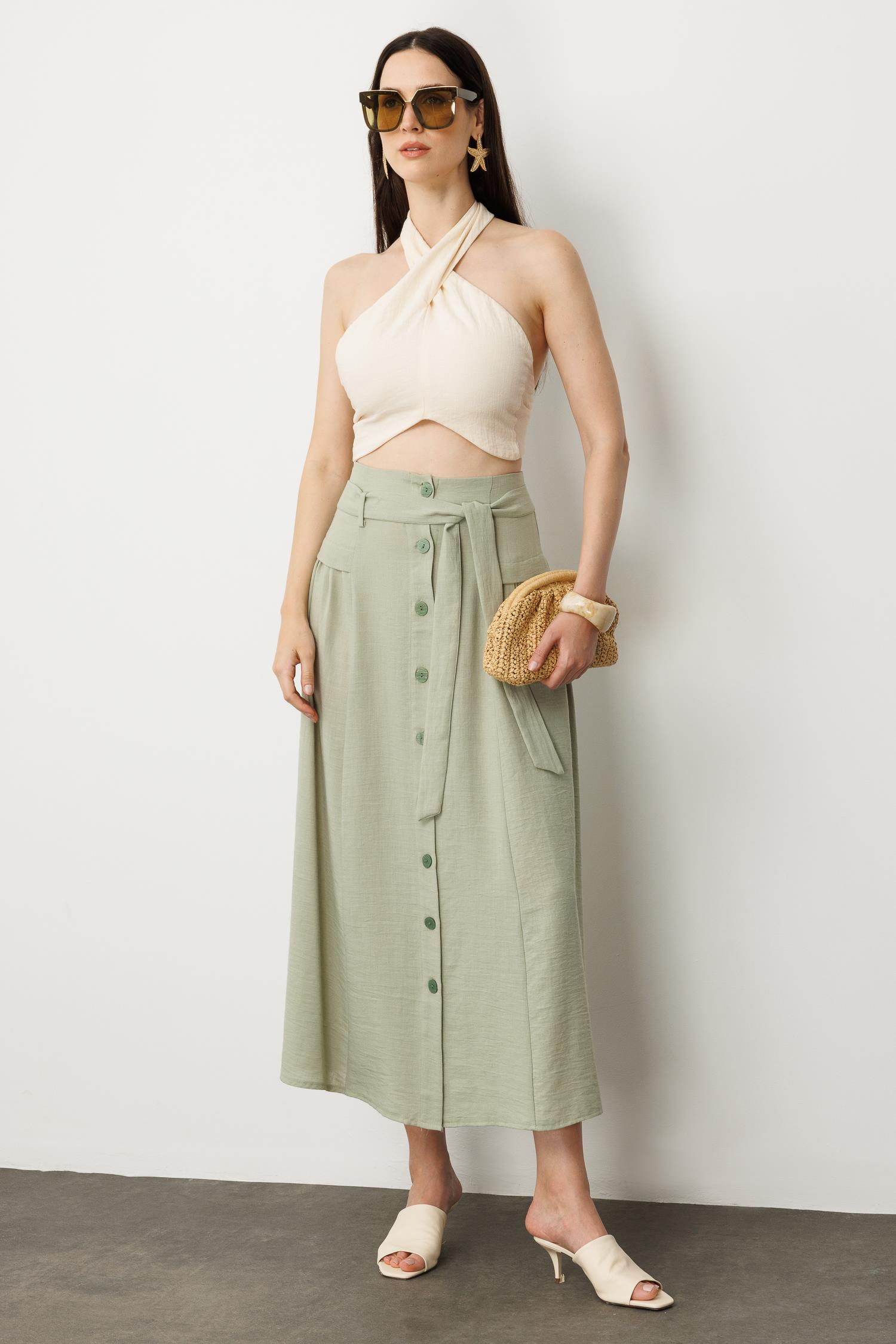 Önden Düğmeli Kemer Detay Etek-SU YEŞİLİ