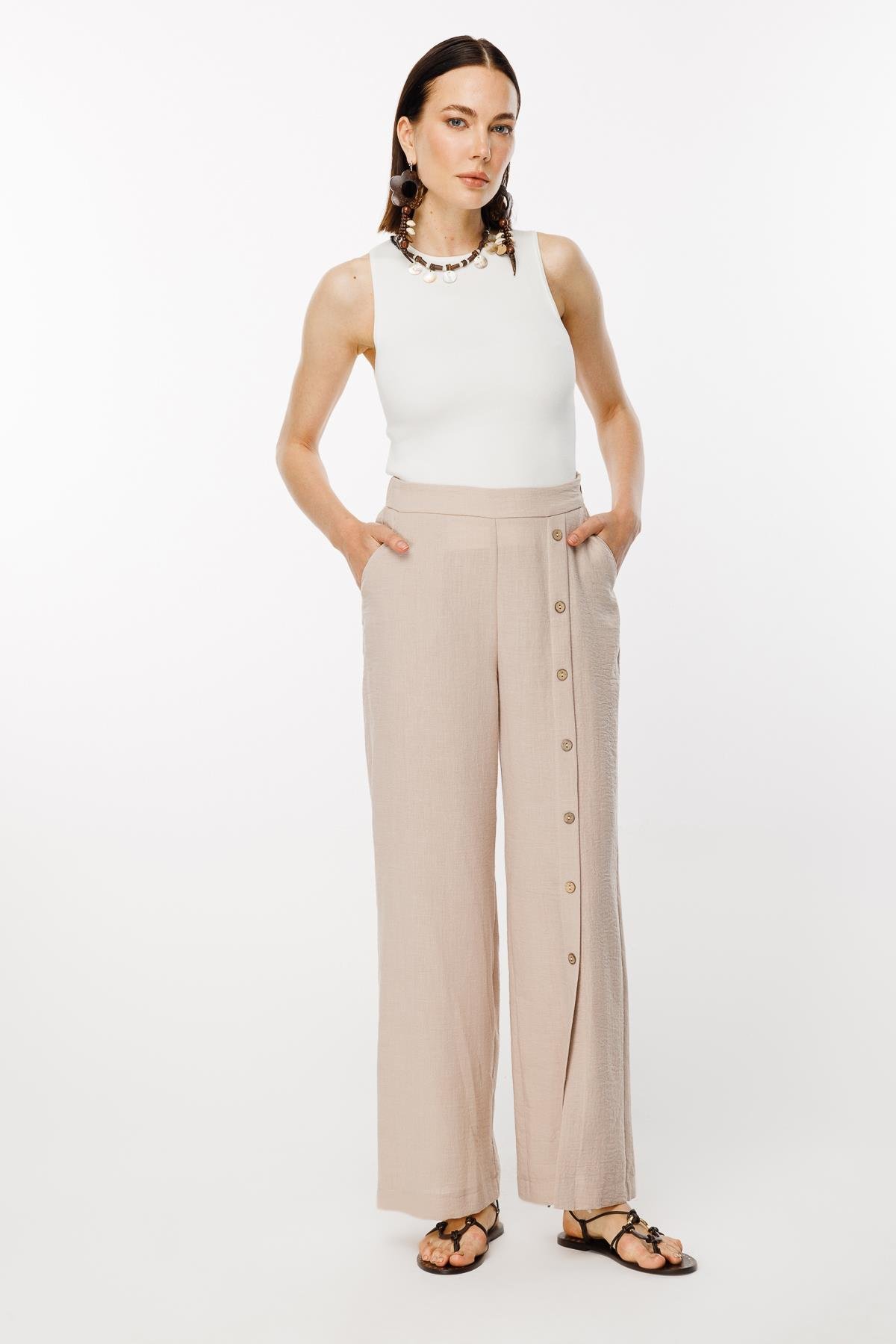 Önü Düğme Detaylı Beli Lastikli Keten Pantolon - TAŞ