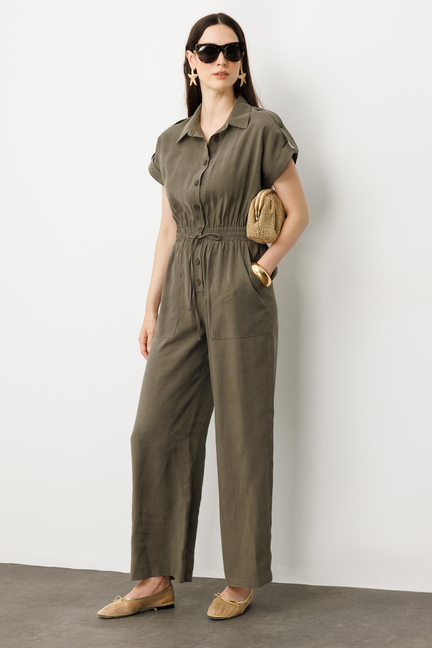 Önü Düğmeli Kısa Kol Tulum-HAKİ