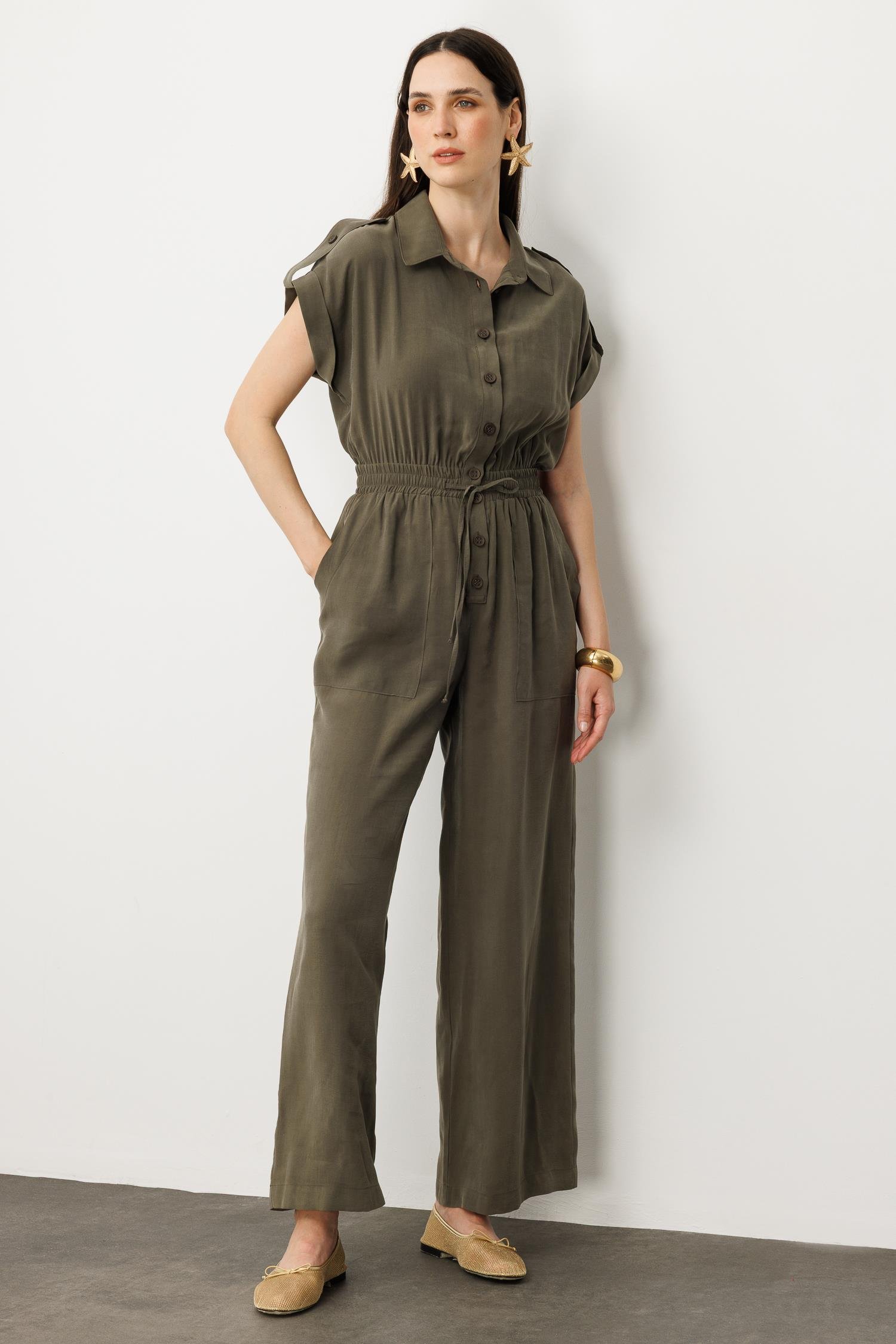 Önü Düğmeli Kısa Kol Tulum-HAKİ