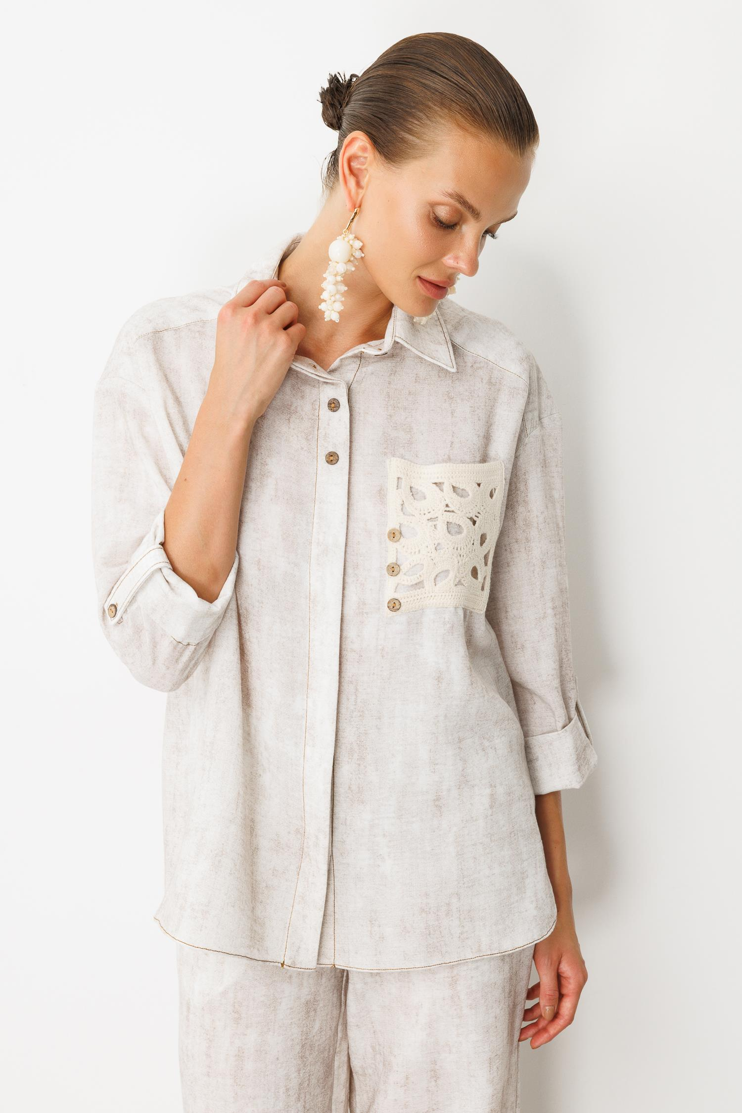 Örgü Cep Detay Keten Görünümlü Gömlek-TAŞ