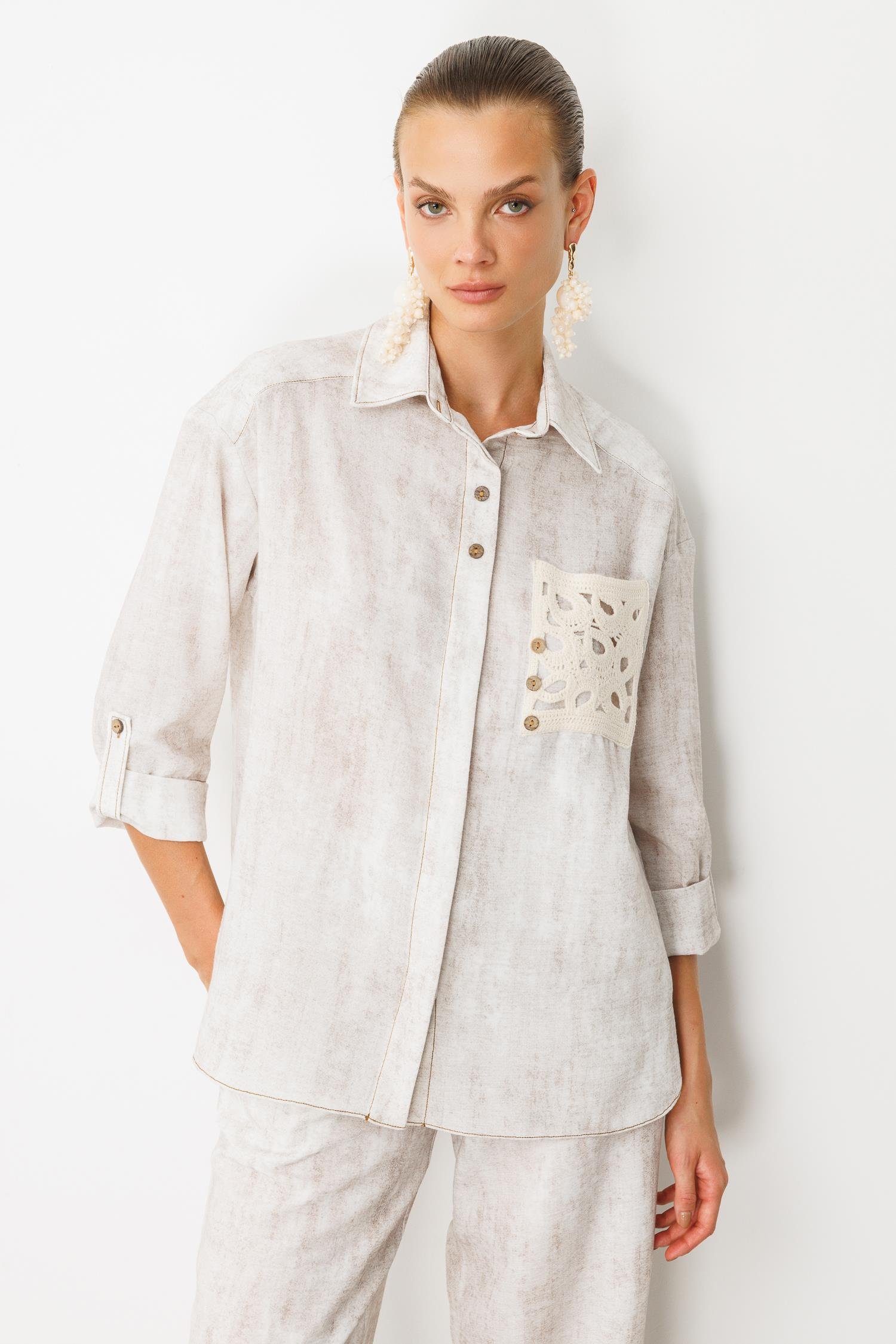 Örgü Cep Detay Keten Görünümlü Gömlek-TAŞ