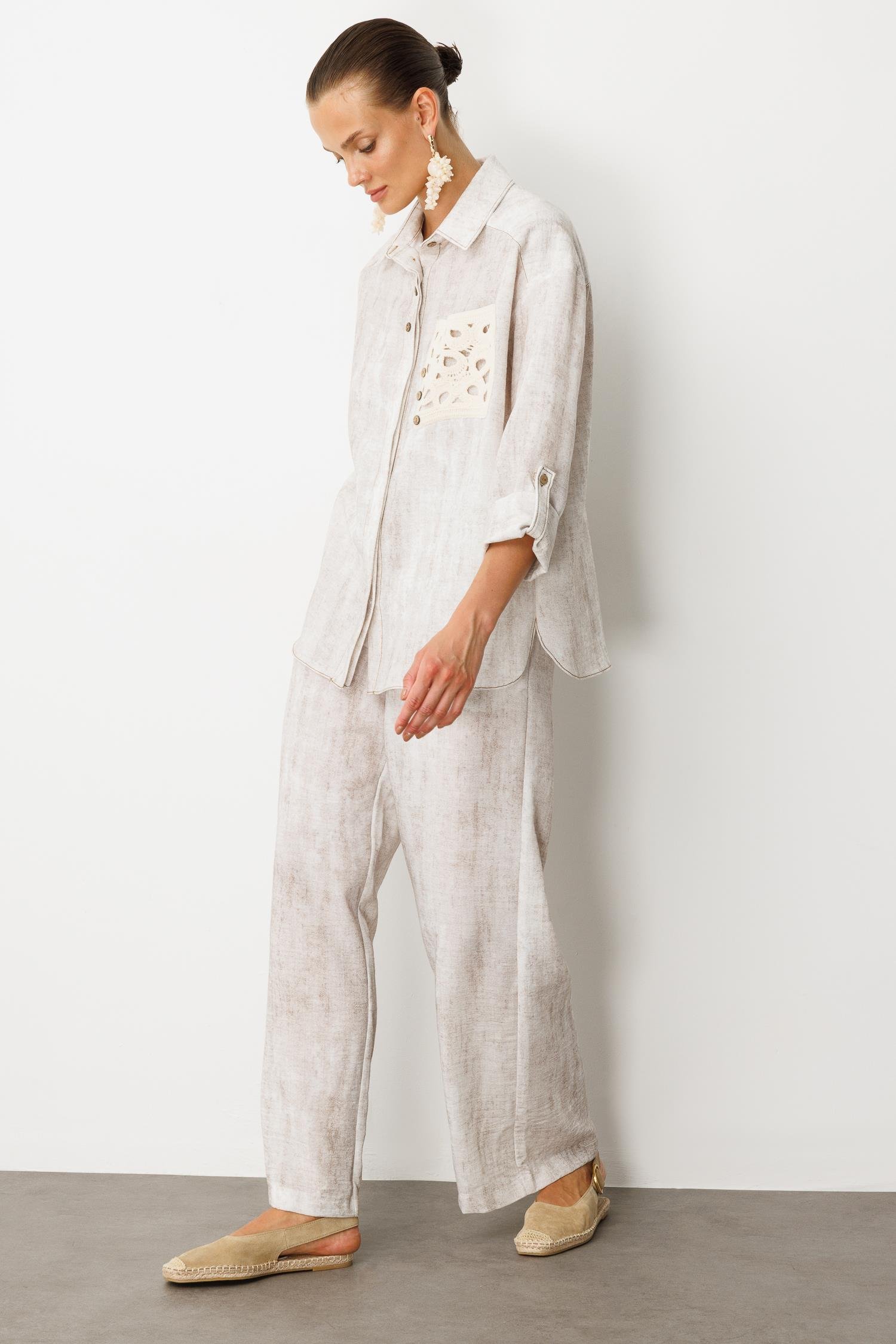 Örgü Cep Detay Keten Görünümlü Gömlek-TAŞ