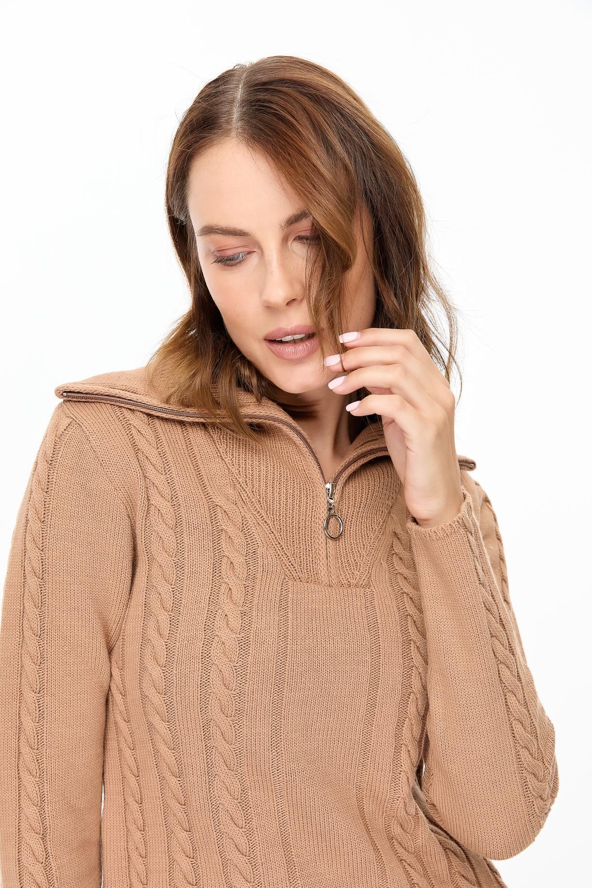 Örgü Desenli Polo Yaka Triko Kazak - CAMEL