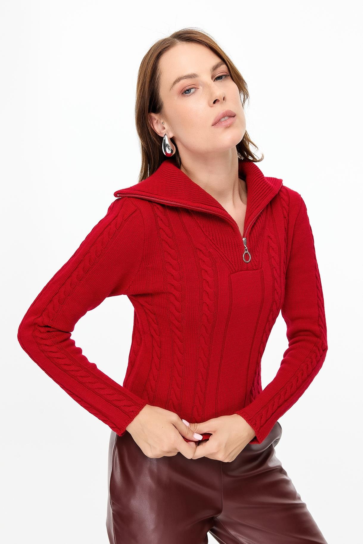 Örgü Desenli Polo Yaka Triko Kazak - KIRMIZI