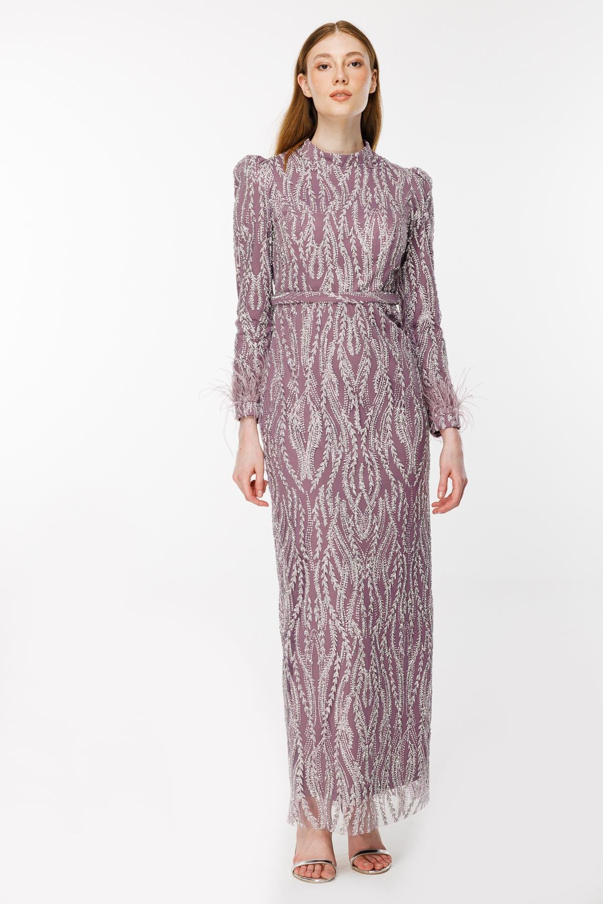 Otriş Detaylı Simli Kalem Abiye - LILA