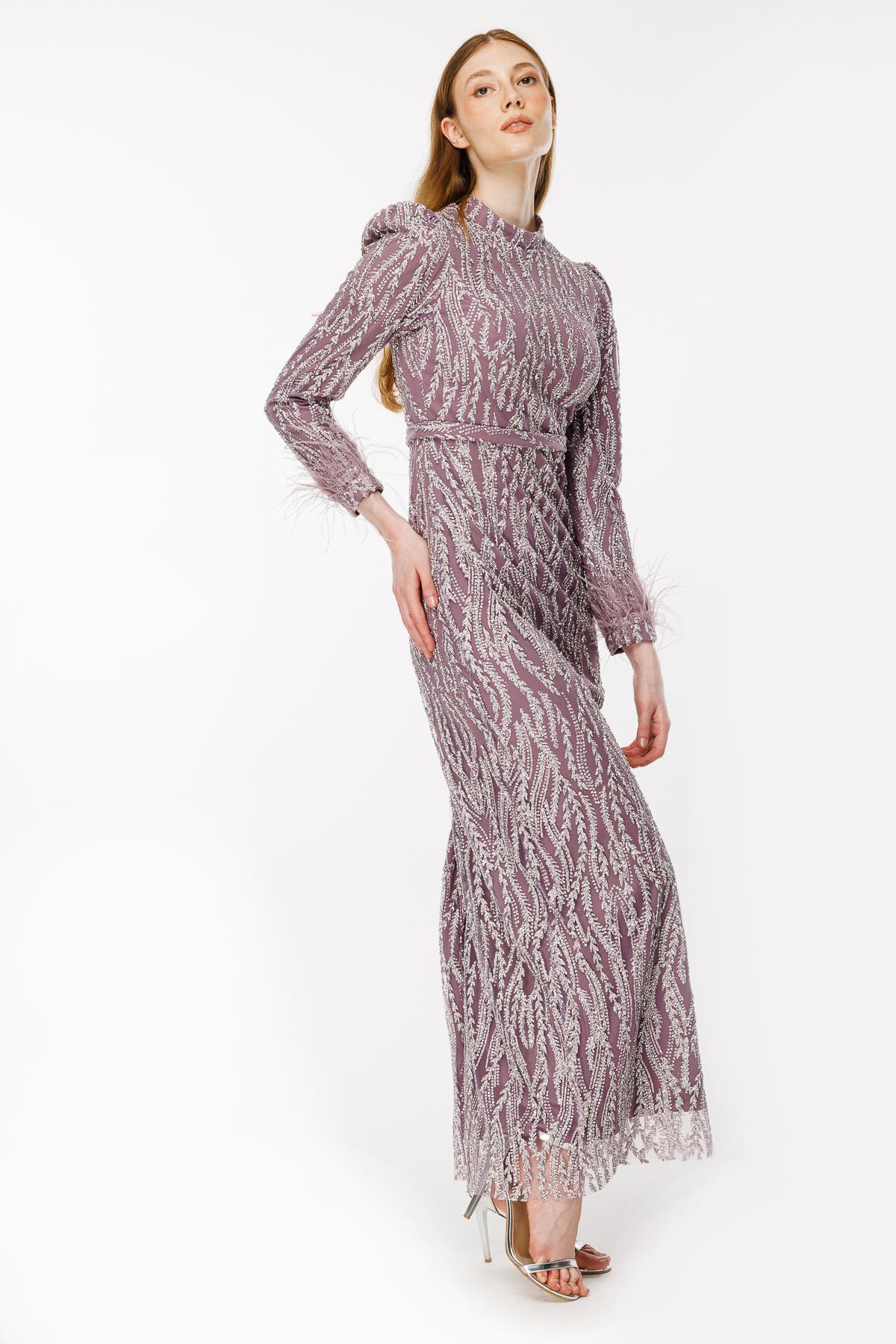 Otriş Detaylı Simli Kalem Abiye - LILA