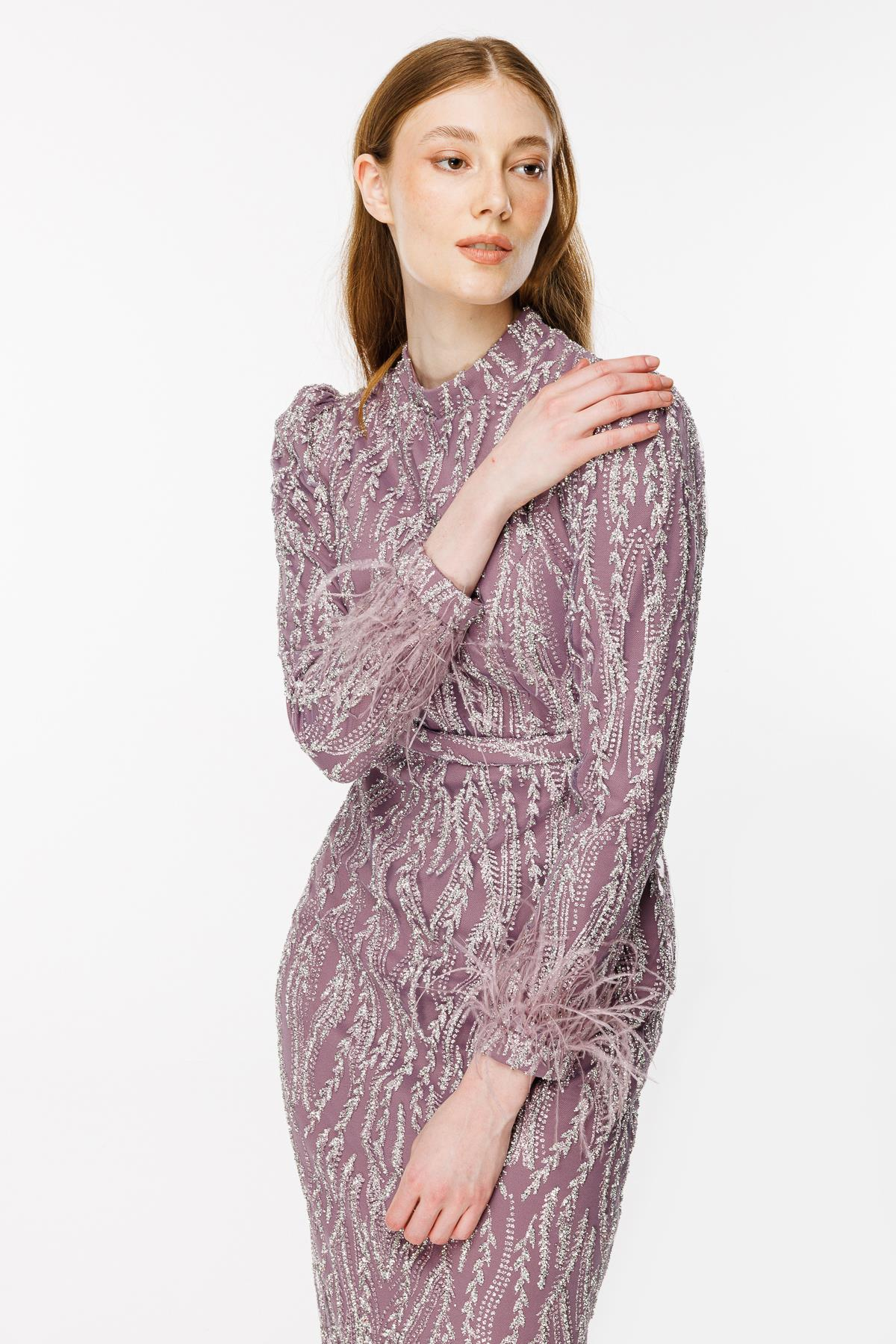 Otriş Detaylı Simli Kalem Abiye - LILA