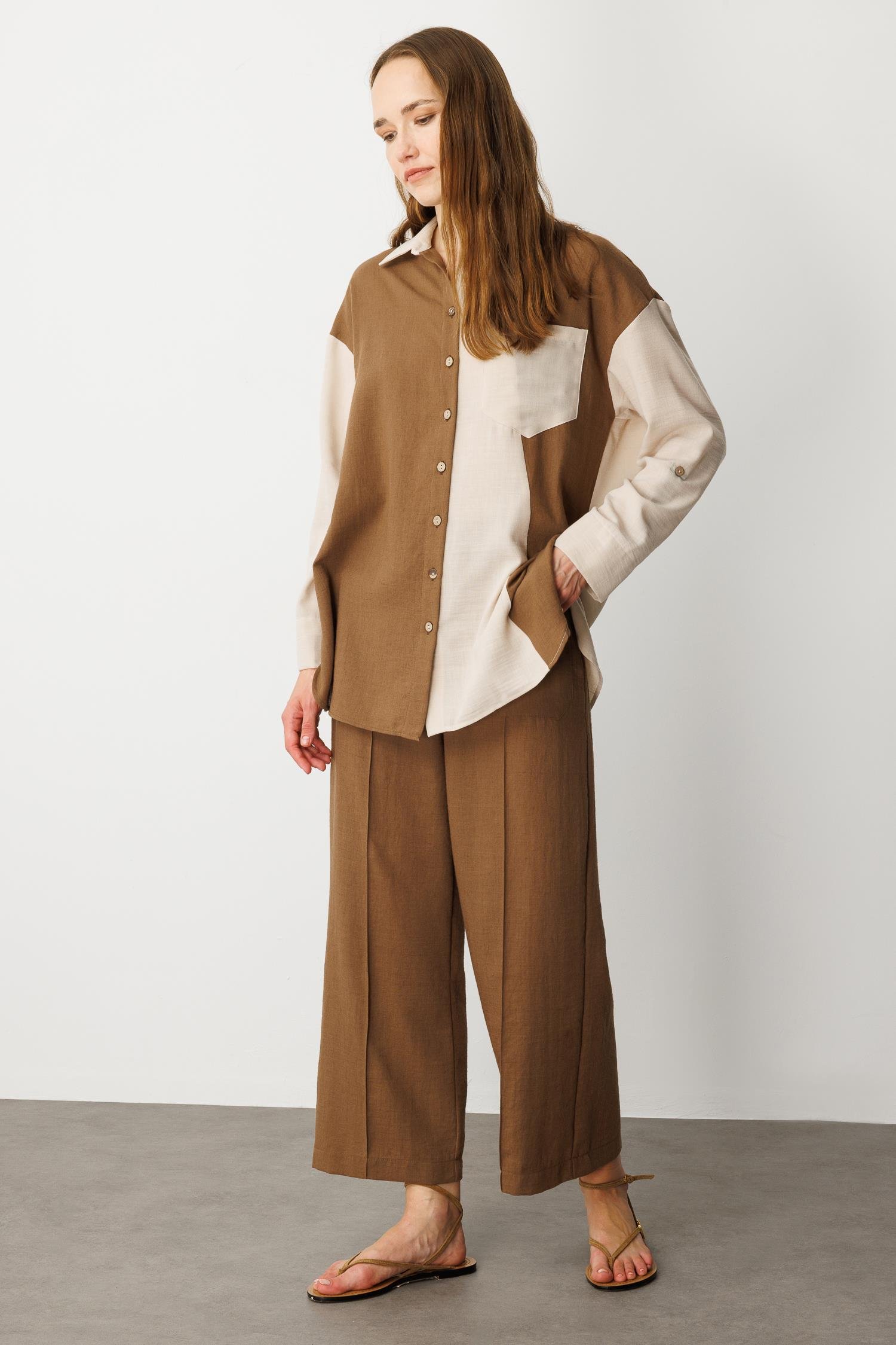 Oversize Keten Görünüm Tunik Gömlek-KAHVE