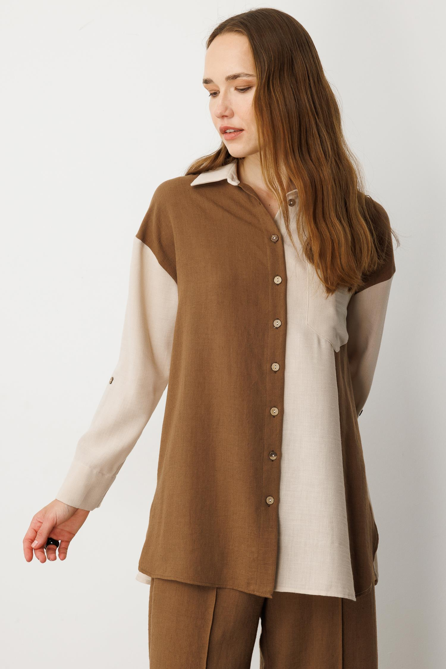 Oversize Keten Görünüm Tunik Gömlek-KAHVE