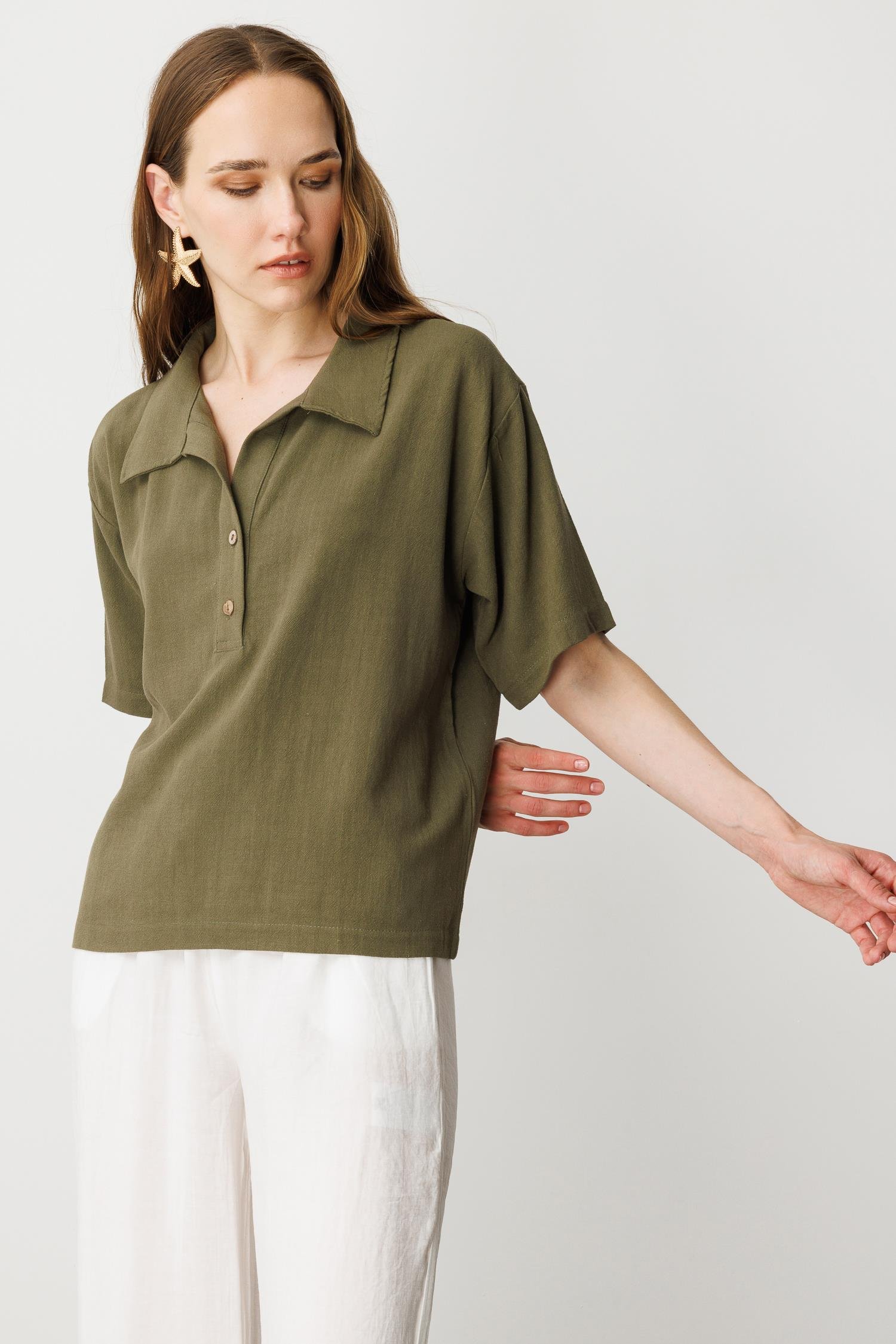 Oversize Pamuklu Keten Bluz-HAKİ