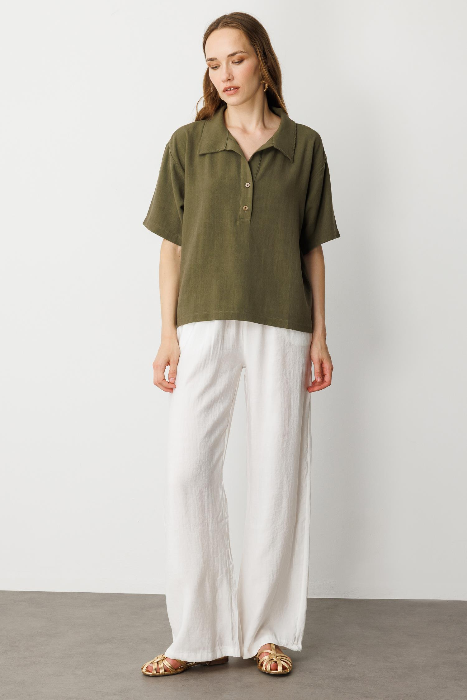 Oversize Pamuklu Keten Bluz-HAKİ