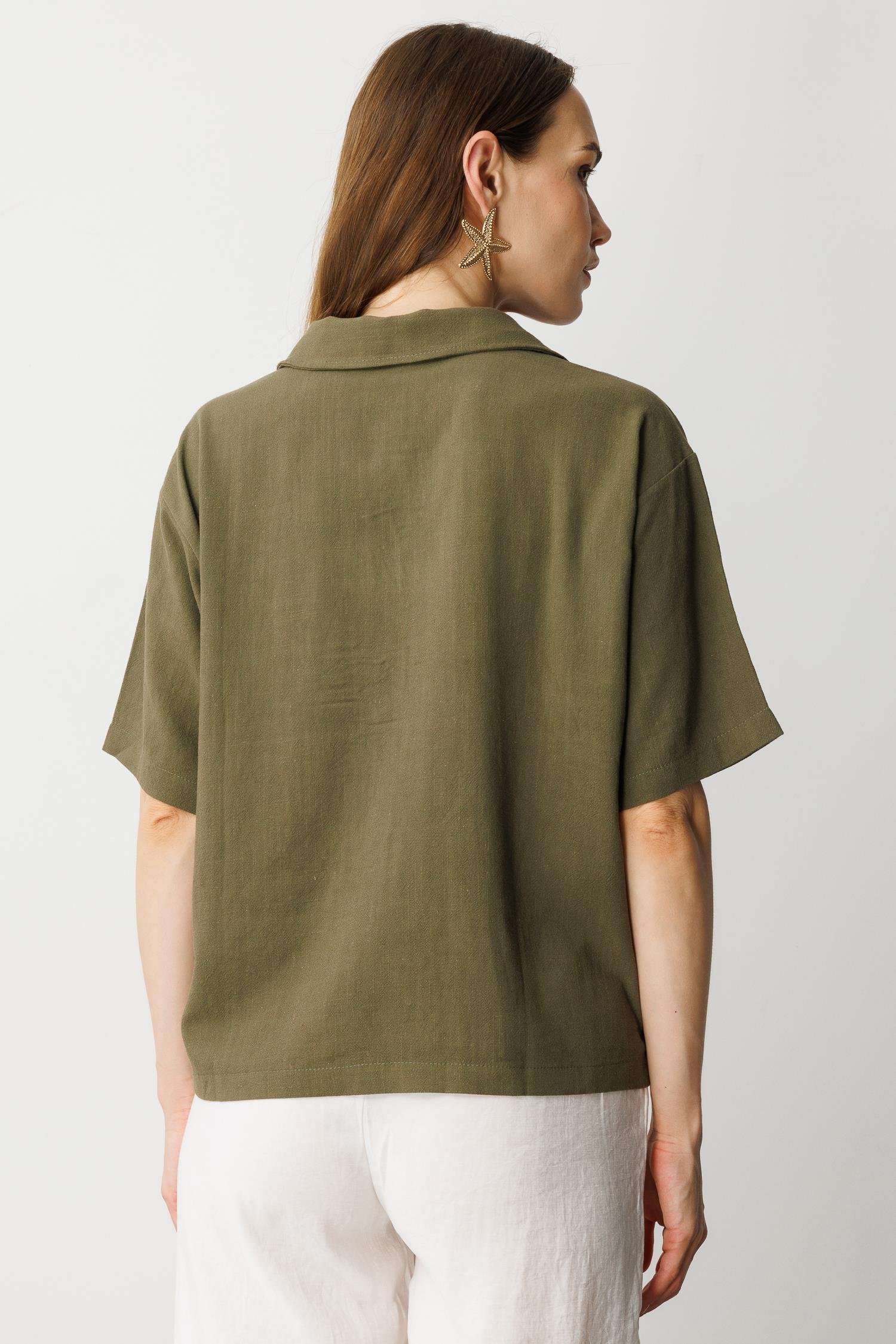 Oversize Pamuklu Keten Bluz-HAKİ