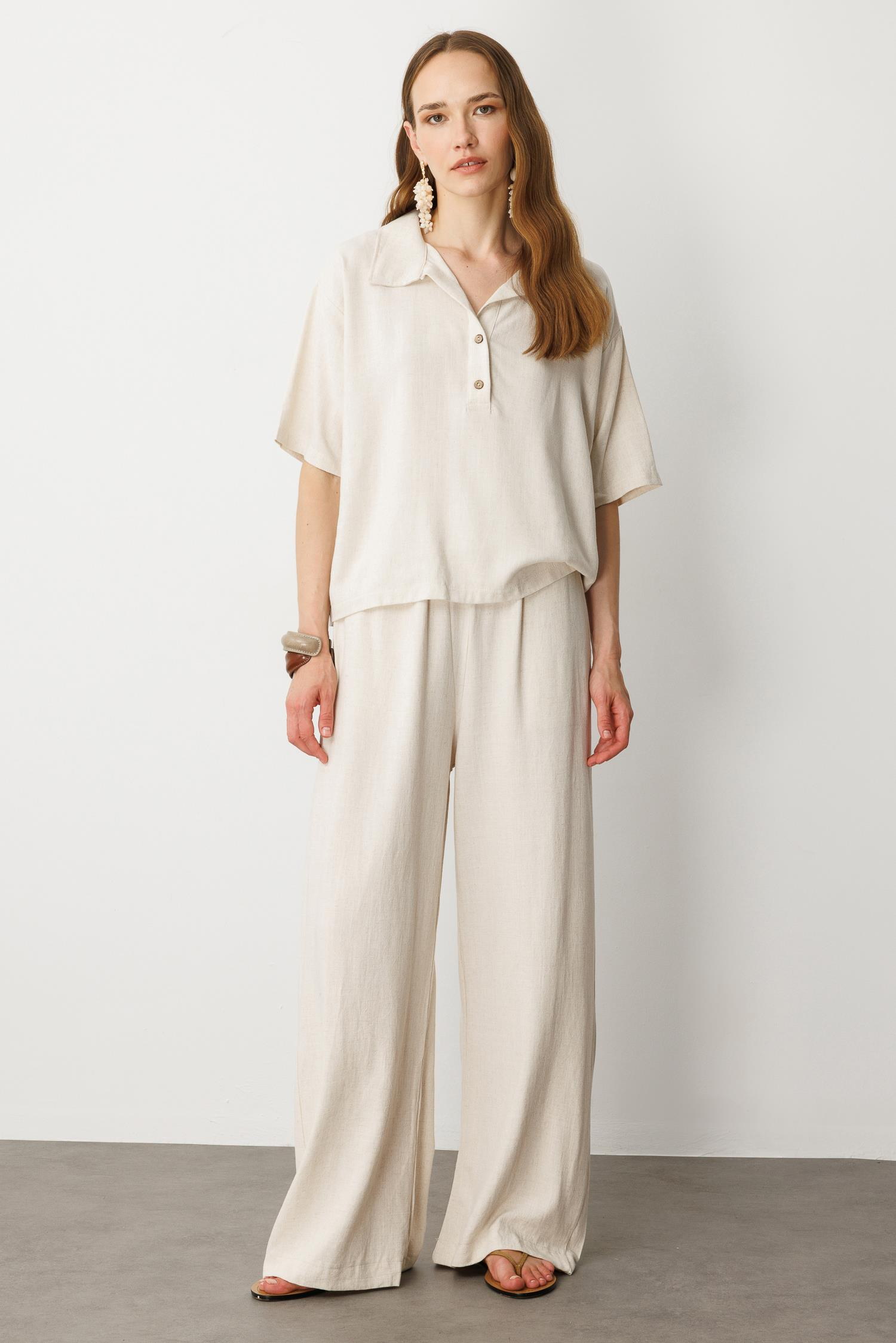 Oversize Pamuklu Keten Bluz-KREM