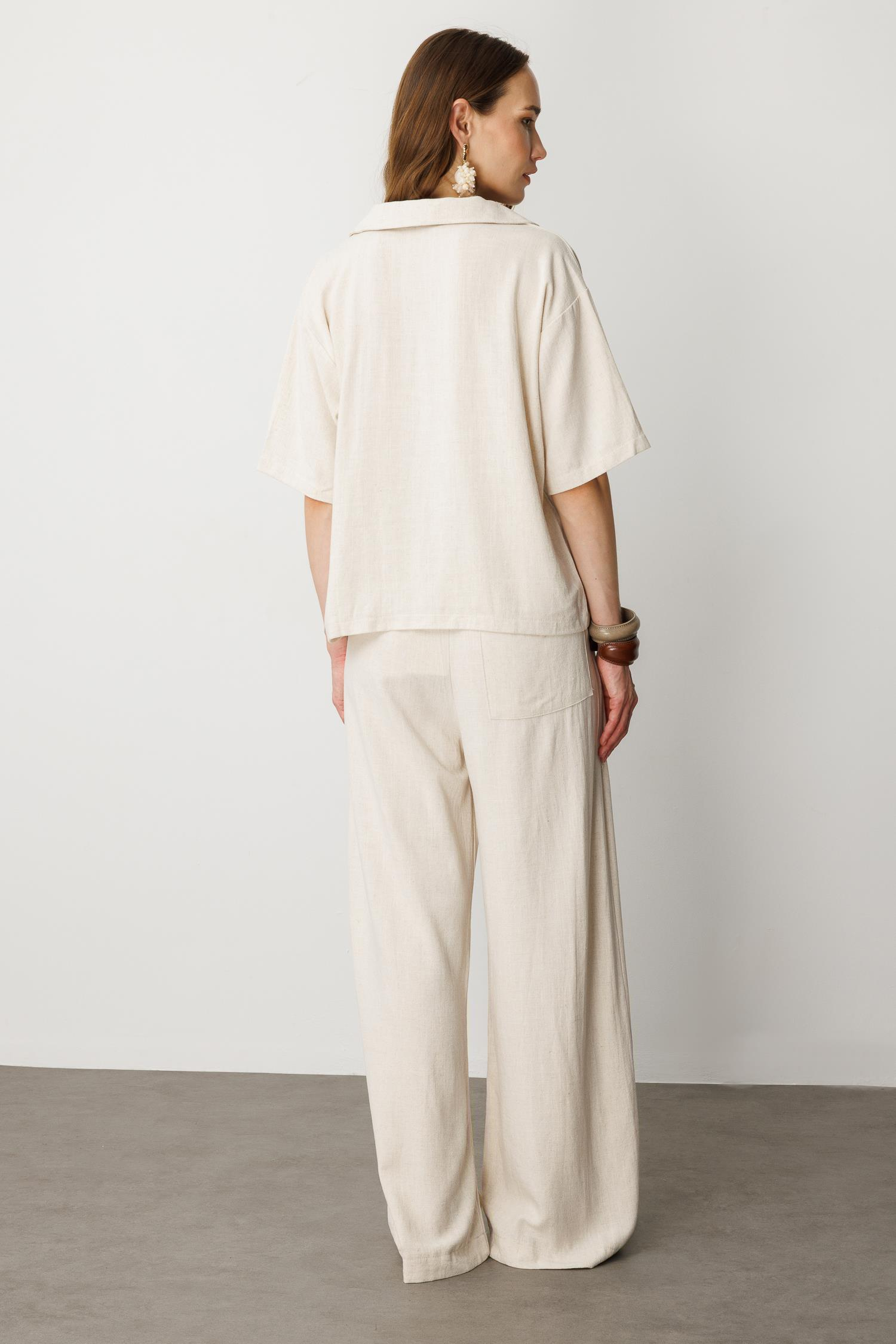 Oversize Pamuklu Keten Bluz-KREM