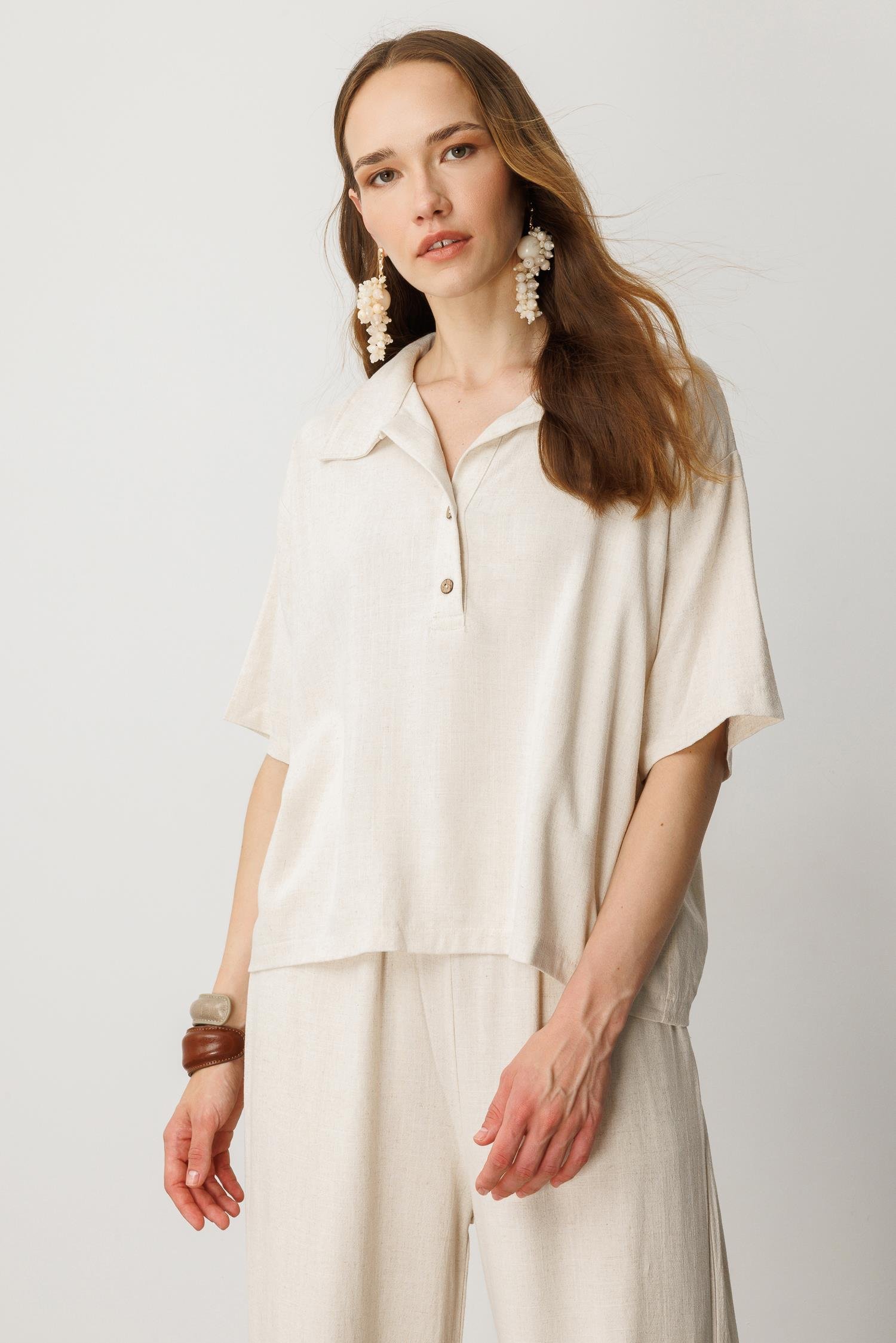 Oversize Pamuklu Keten Bluz-KREM