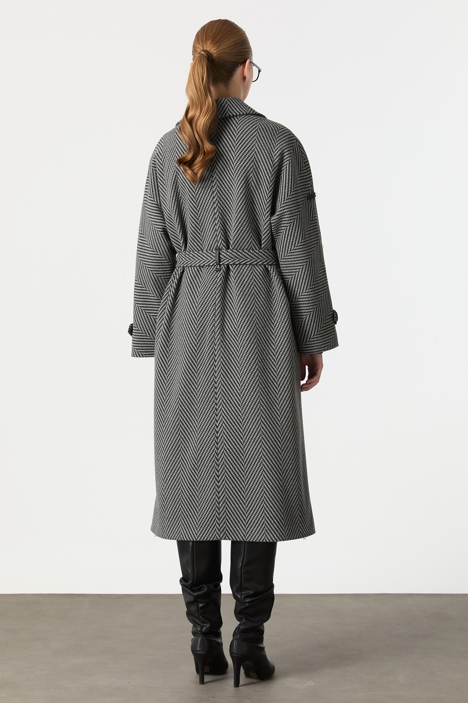 Oversize Zigzag Desen Kaban-SİYAH