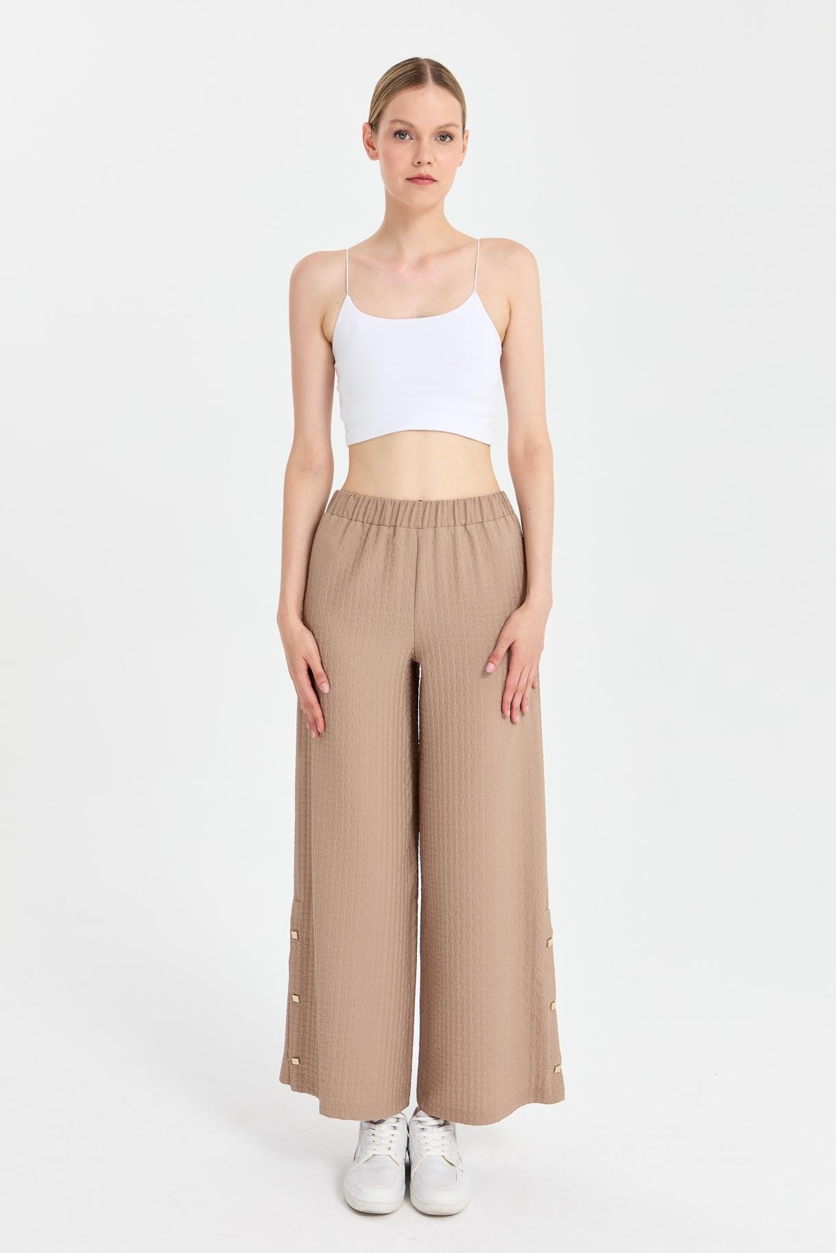 Paçası Düğme Detaylı Bol Paça Pantolon - VİZON