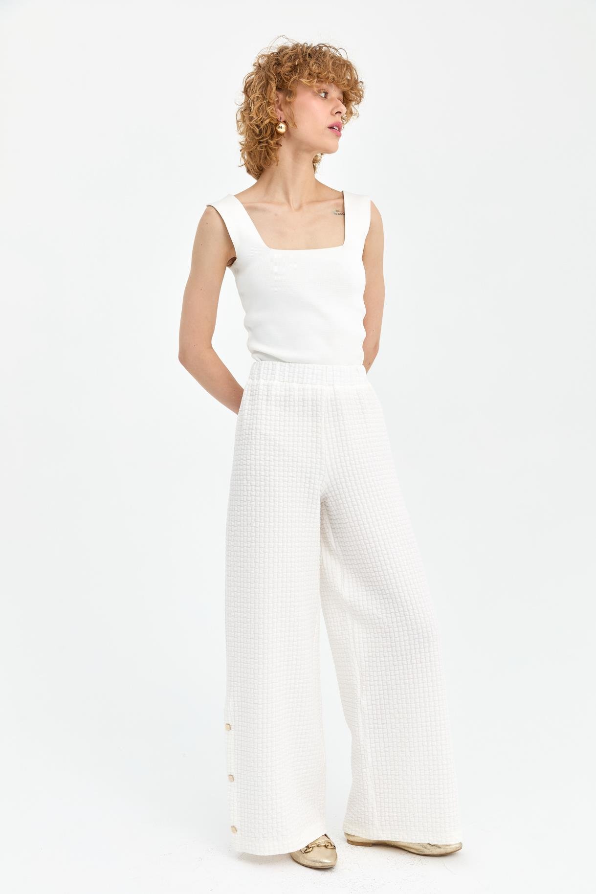 Paçası Düğme Detaylı Bol Paça Pantolon - KEMIK