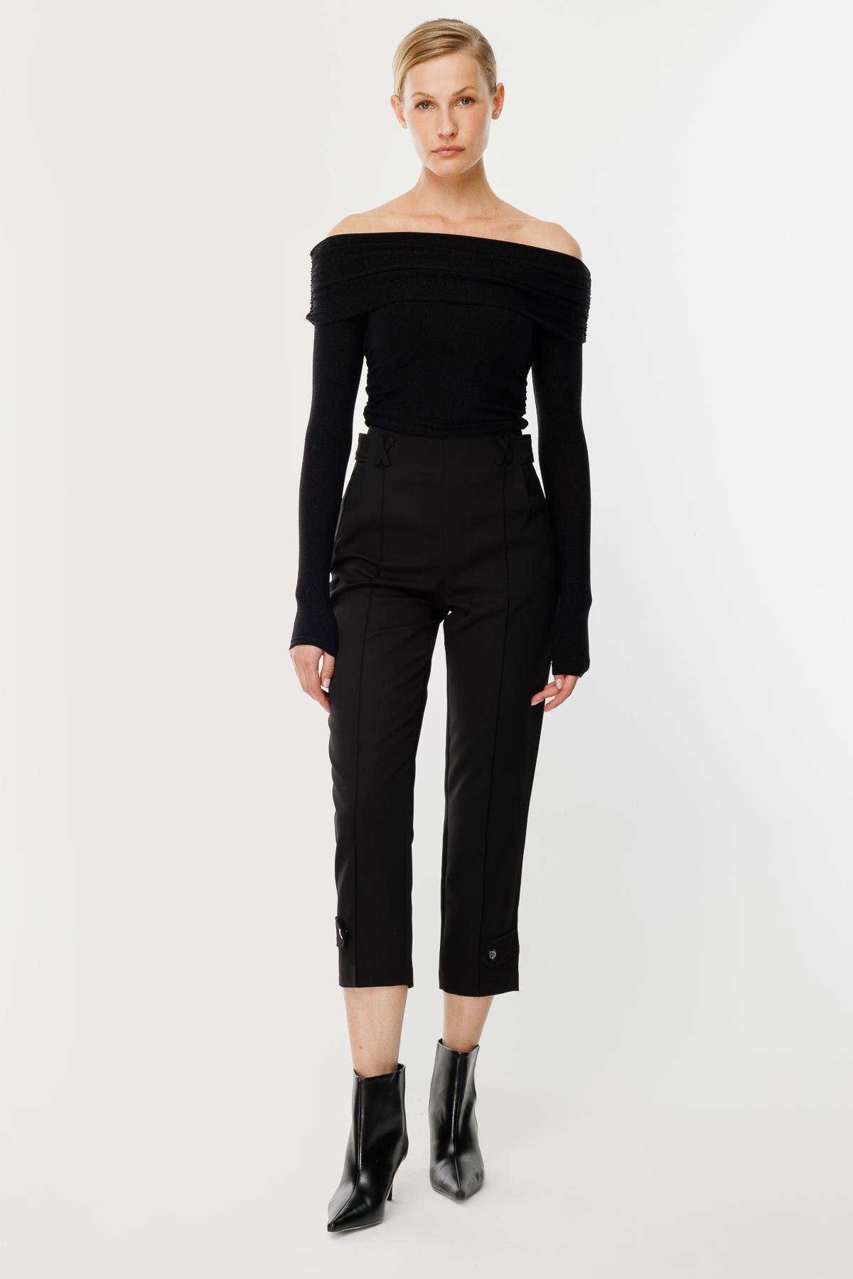 Paçası Düğme Detaylı Pantolon - SİYAH