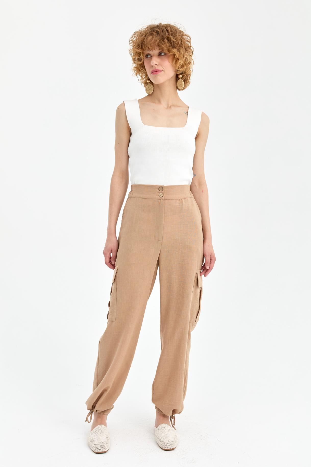 Paçası İp Detaylı Cepli Keten Pantolon - CAMEL