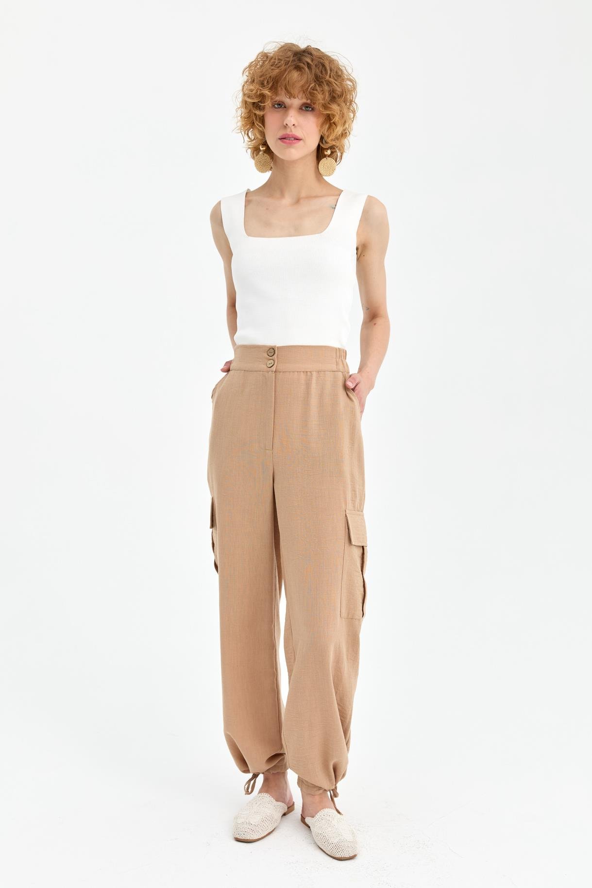Paçası İp Detaylı Cepli Keten Pantolon - CAMEL
