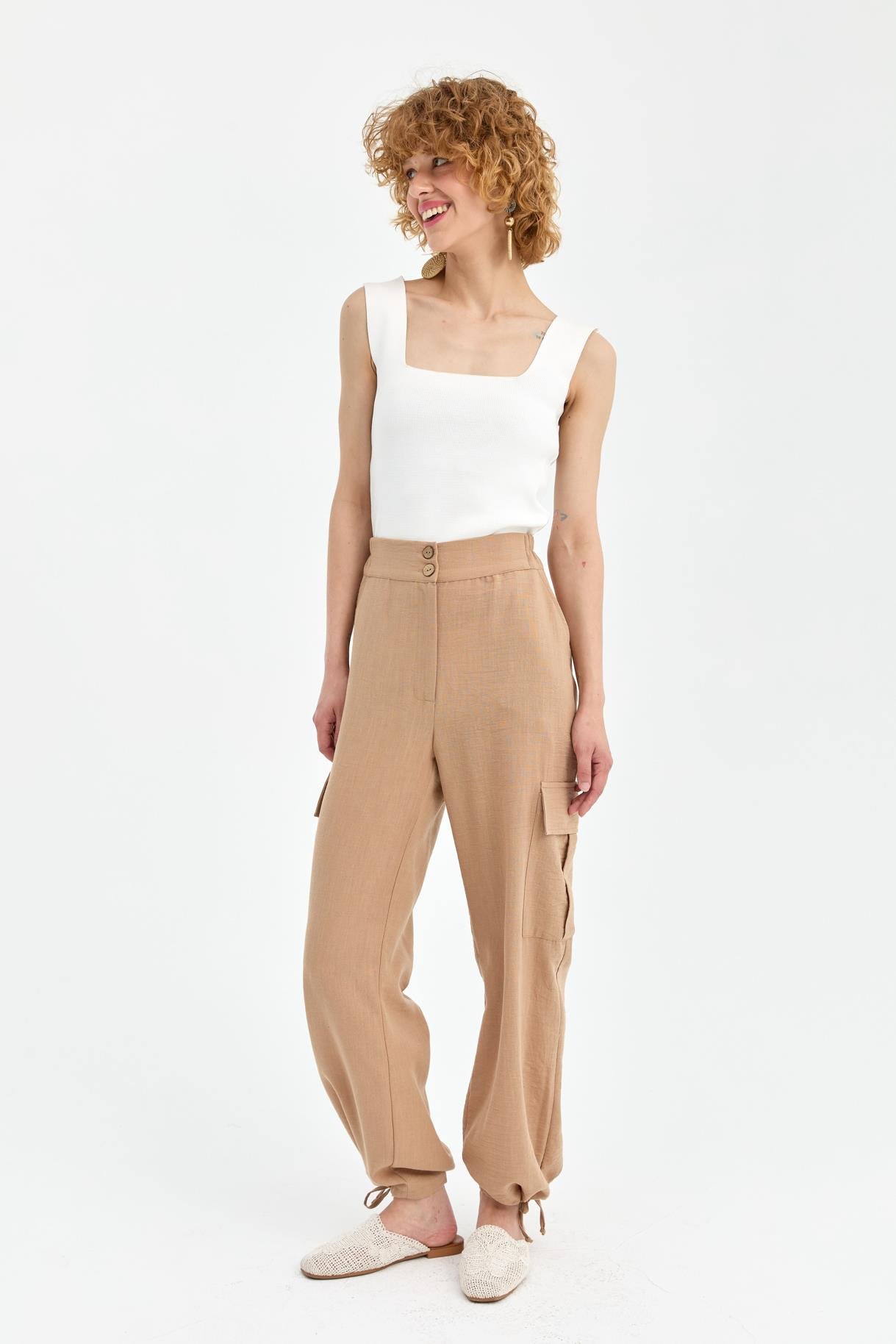Paçası İp Detaylı Cepli Keten Pantolon - CAMEL