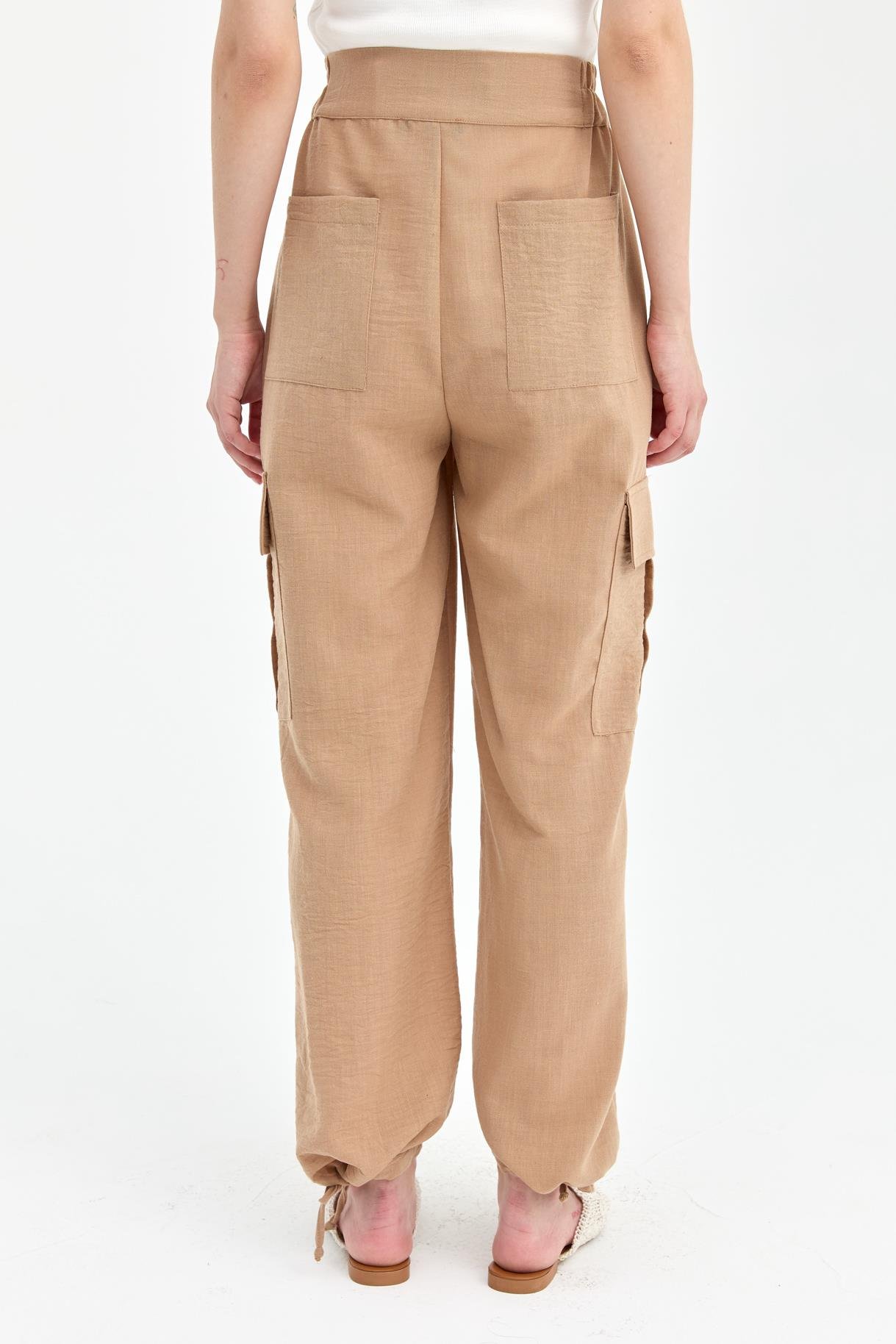 Paçası İp Detaylı Cepli Keten Pantolon - CAMEL