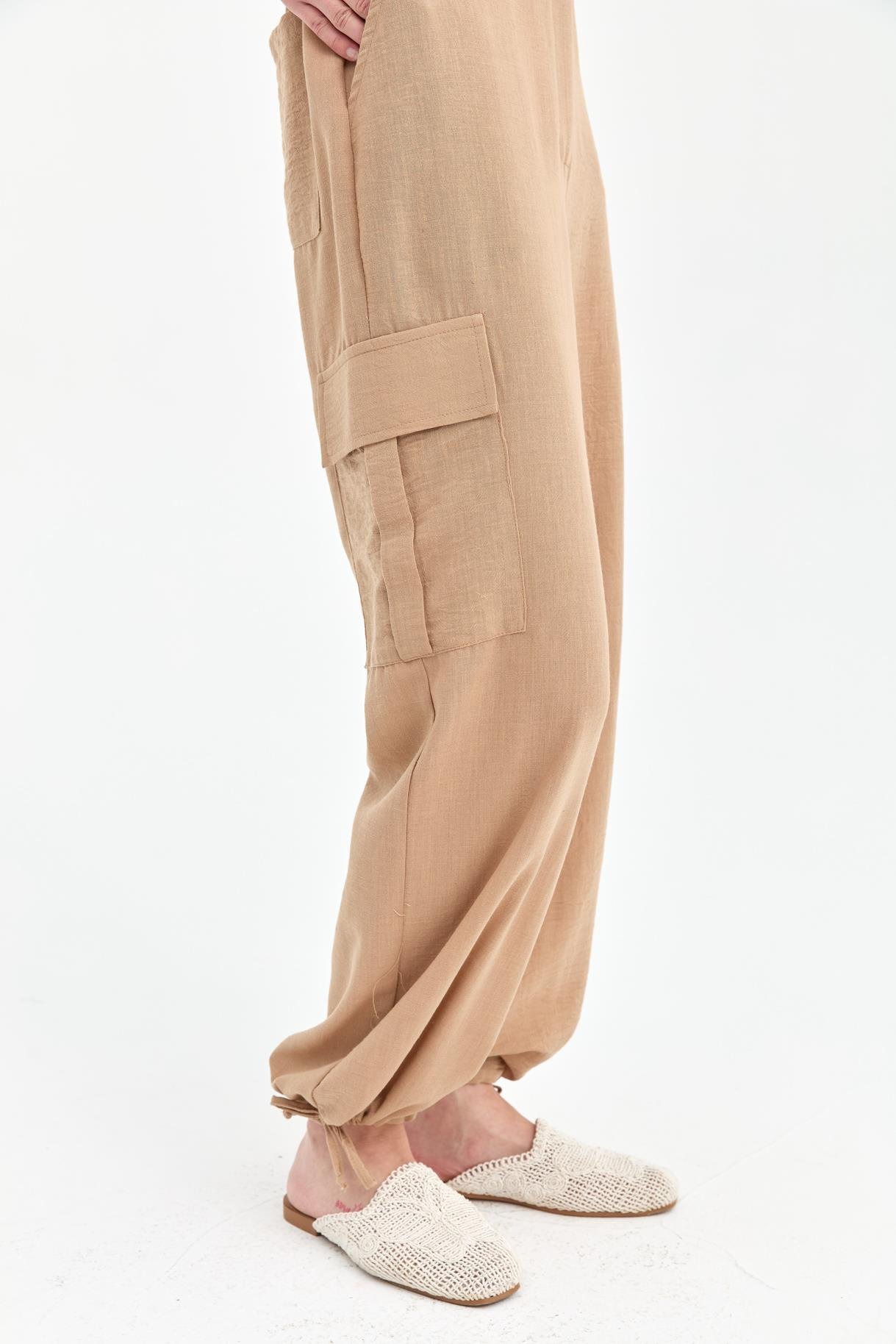 Paçası İp Detaylı Cepli Keten Pantolon - CAMEL