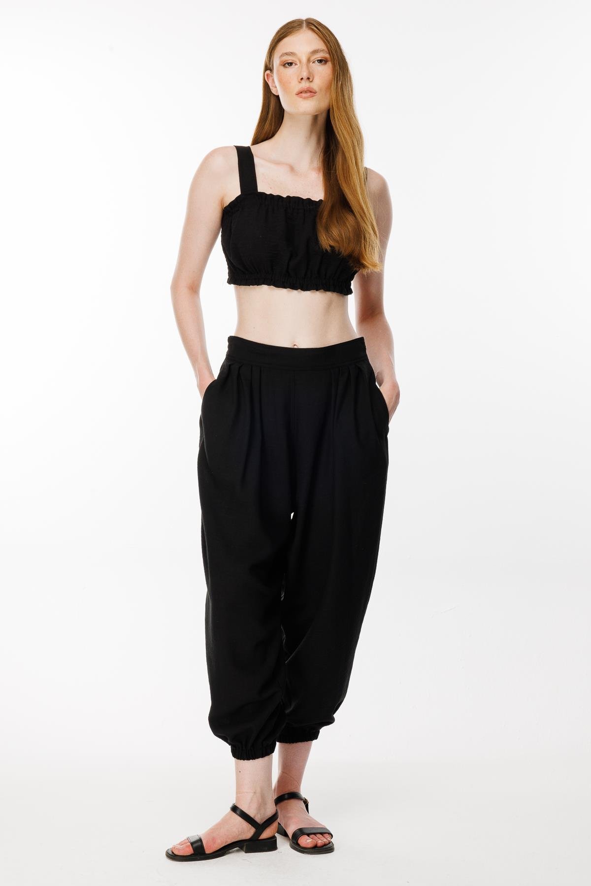 Paçası Lastikli Keten Şalvar Pantolon - SİYAH