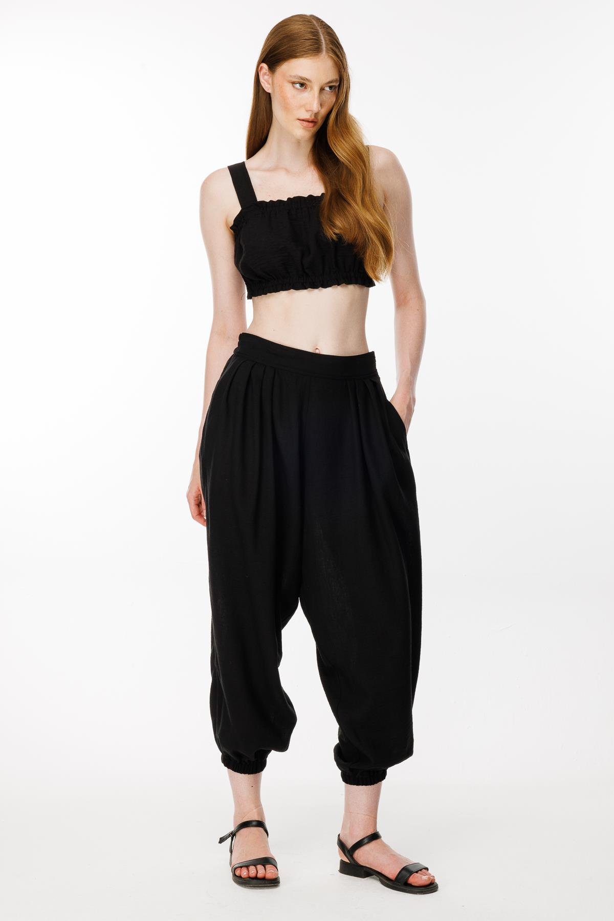 Paçası Lastikli Keten Şalvar Pantolon - SİYAH