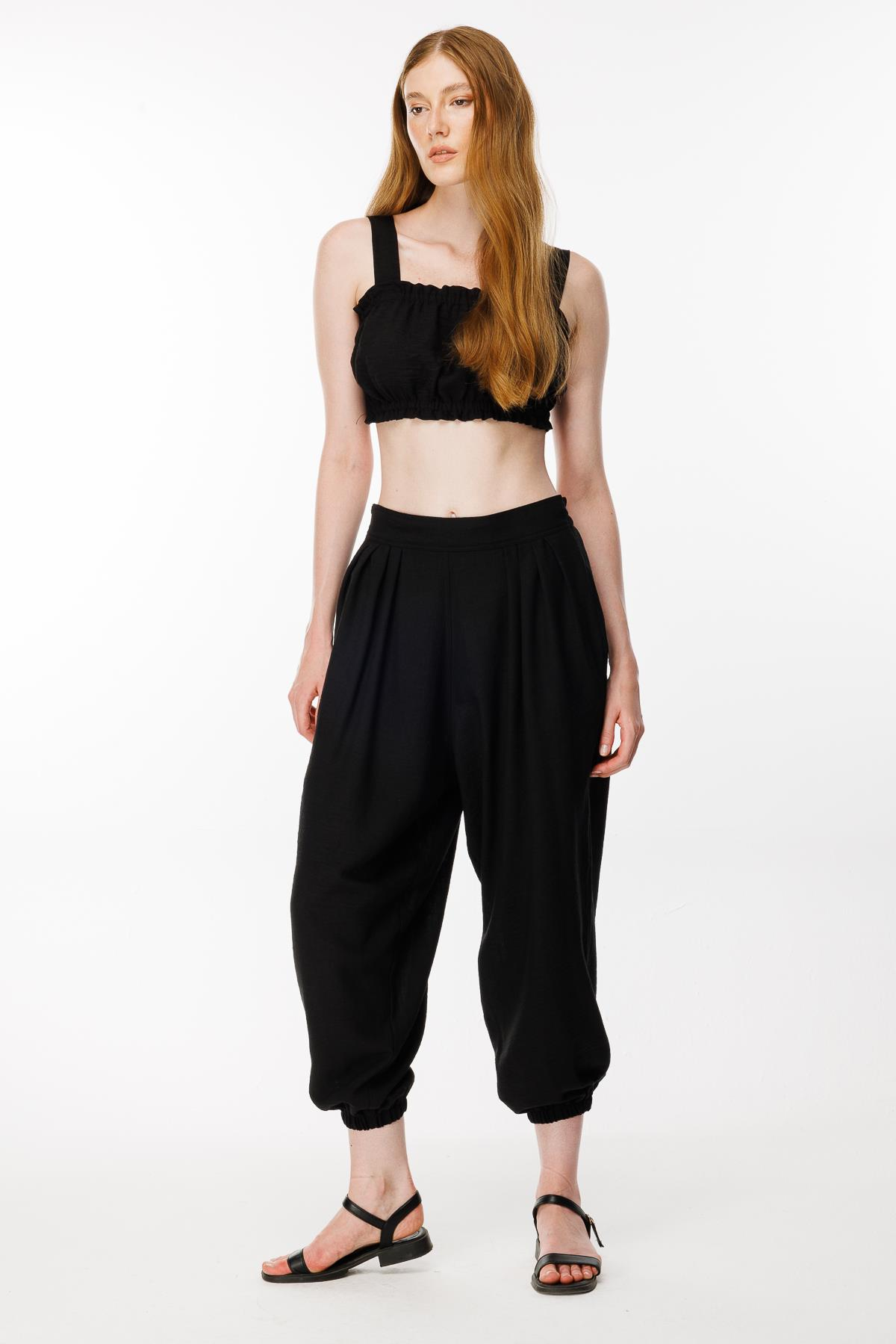 Paçası Lastikli Keten Şalvar Pantolon - SİYAH