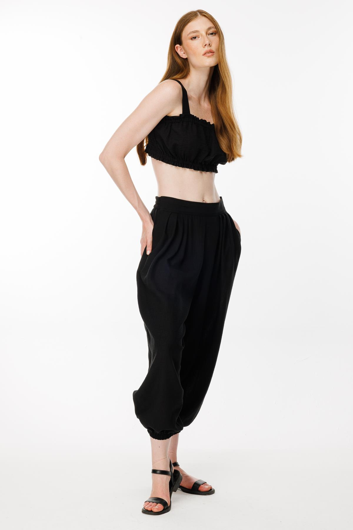 Paçası Lastikli Keten Şalvar Pantolon - SİYAH