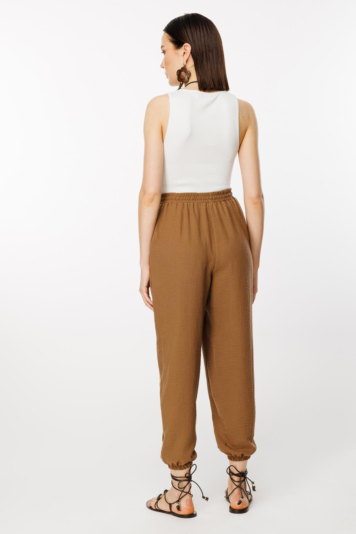 Paçası Lastikli Nervür Detaylı Keten Pantolon - KAHVE