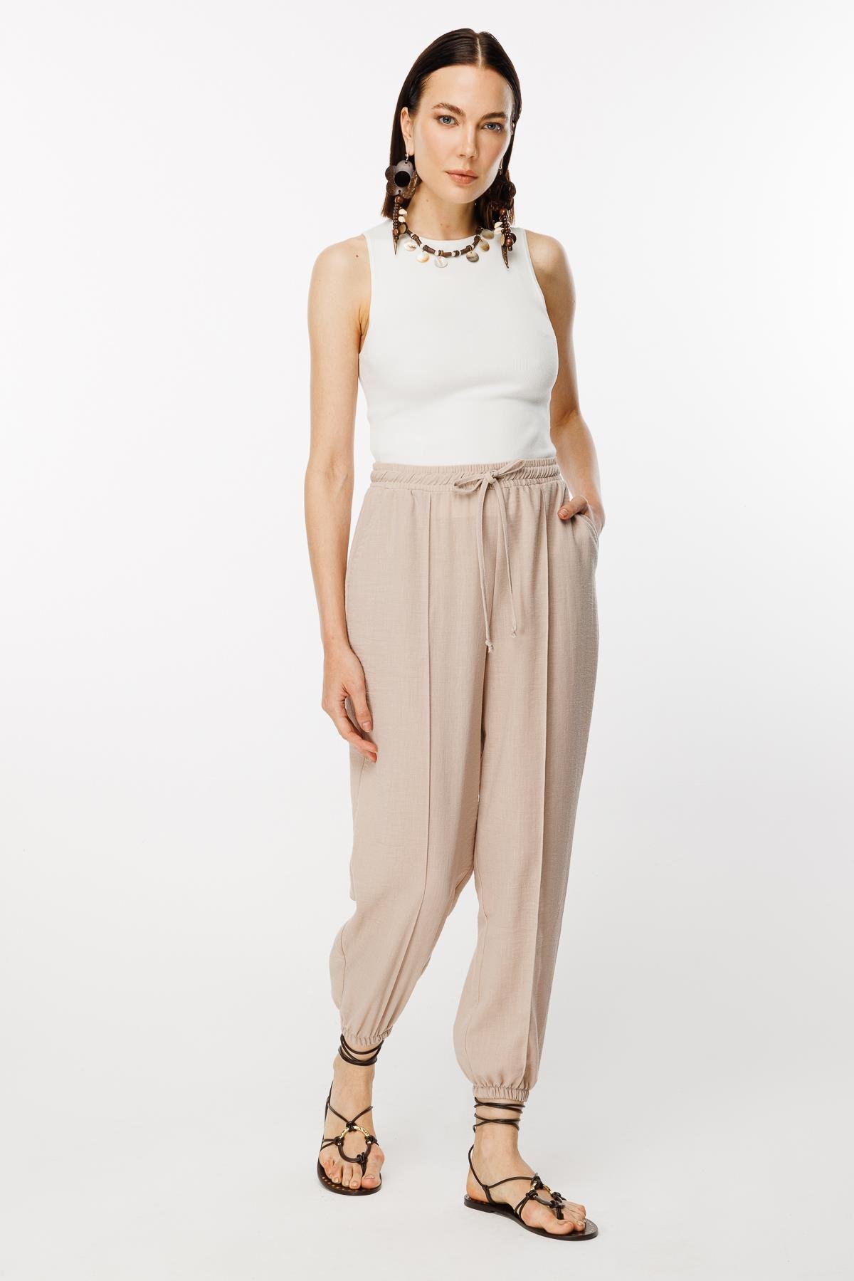 Paçası Lastikli Nervür Detaylı Keten Pantolon - TAŞ