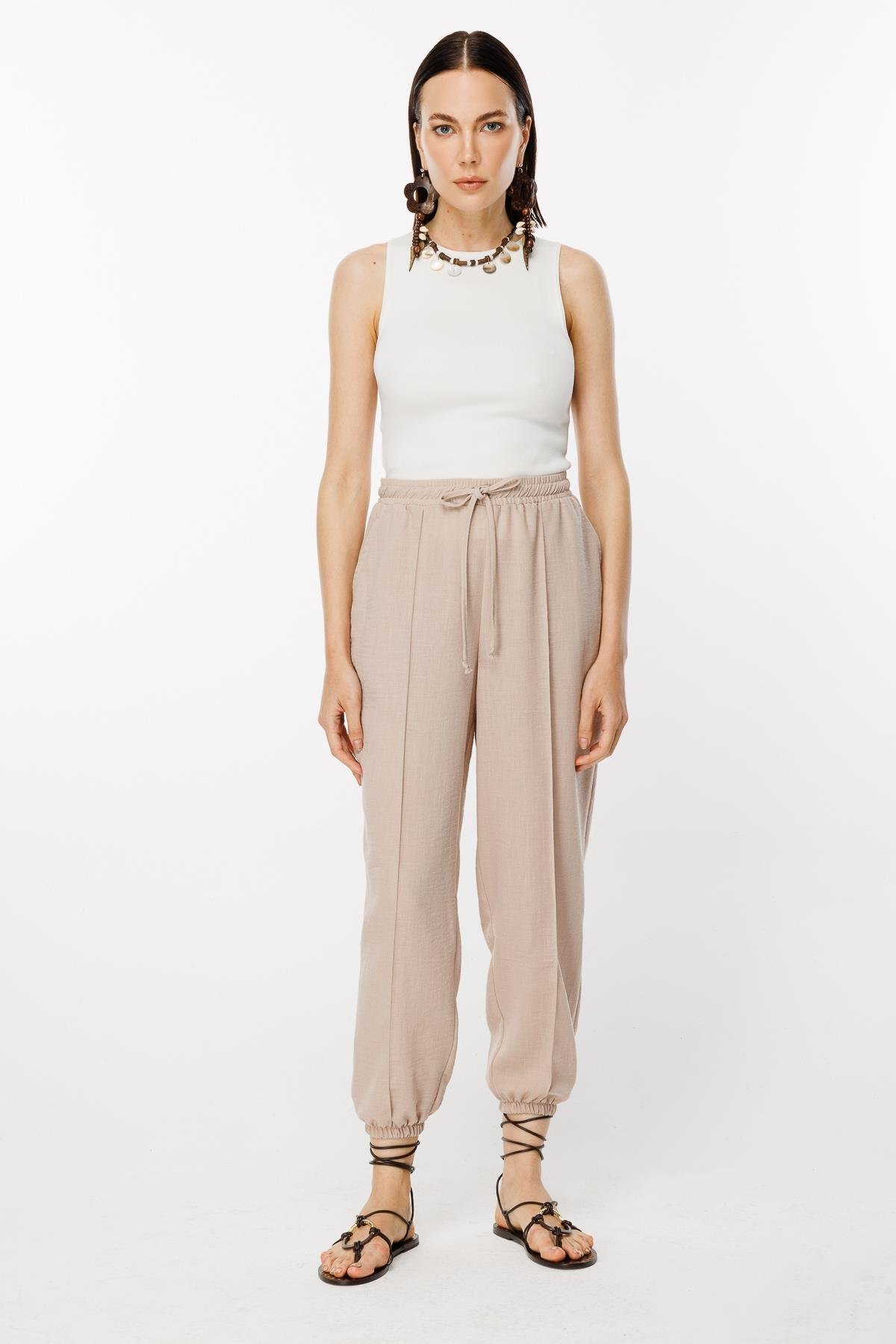 Paçası Lastikli Nervür Detaylı Keten Pantolon - TAŞ