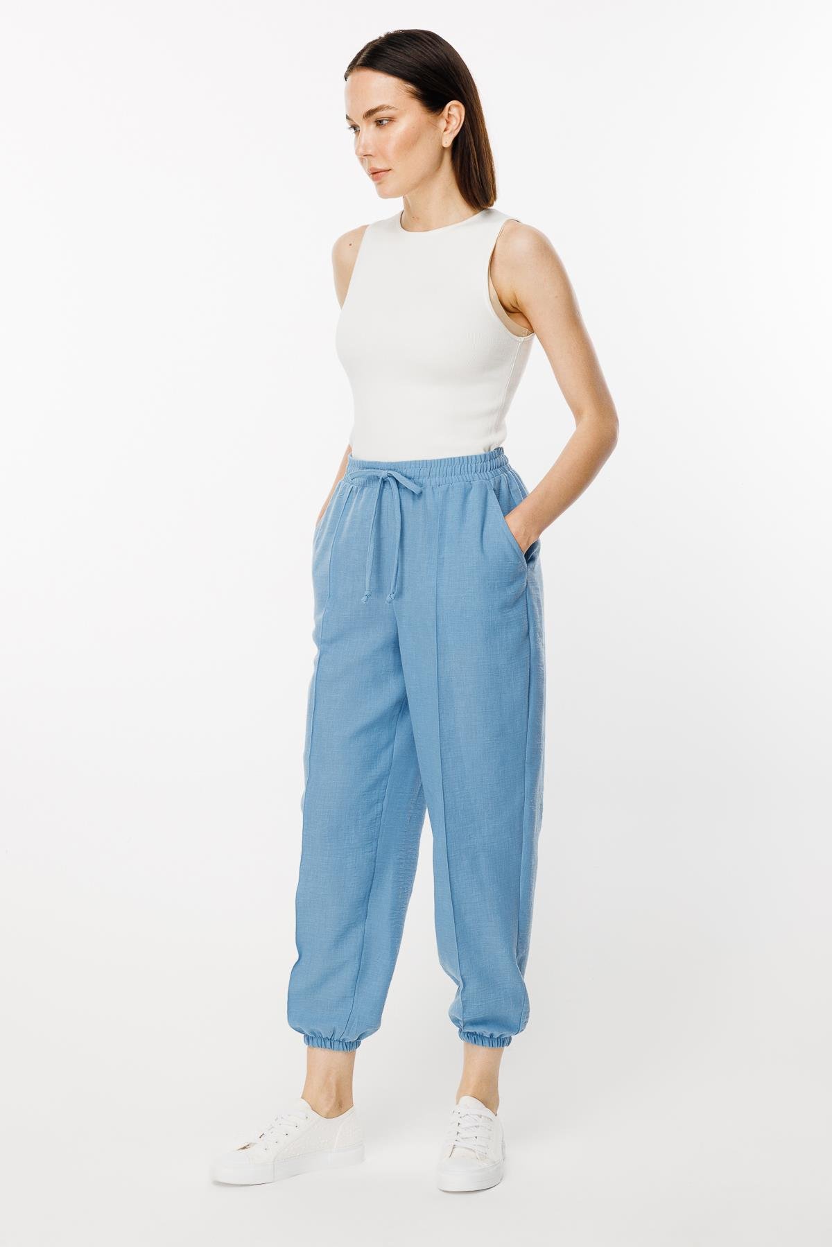 Paçası Lastikli Nervür Detaylı Keten Pantolon - MAVİ