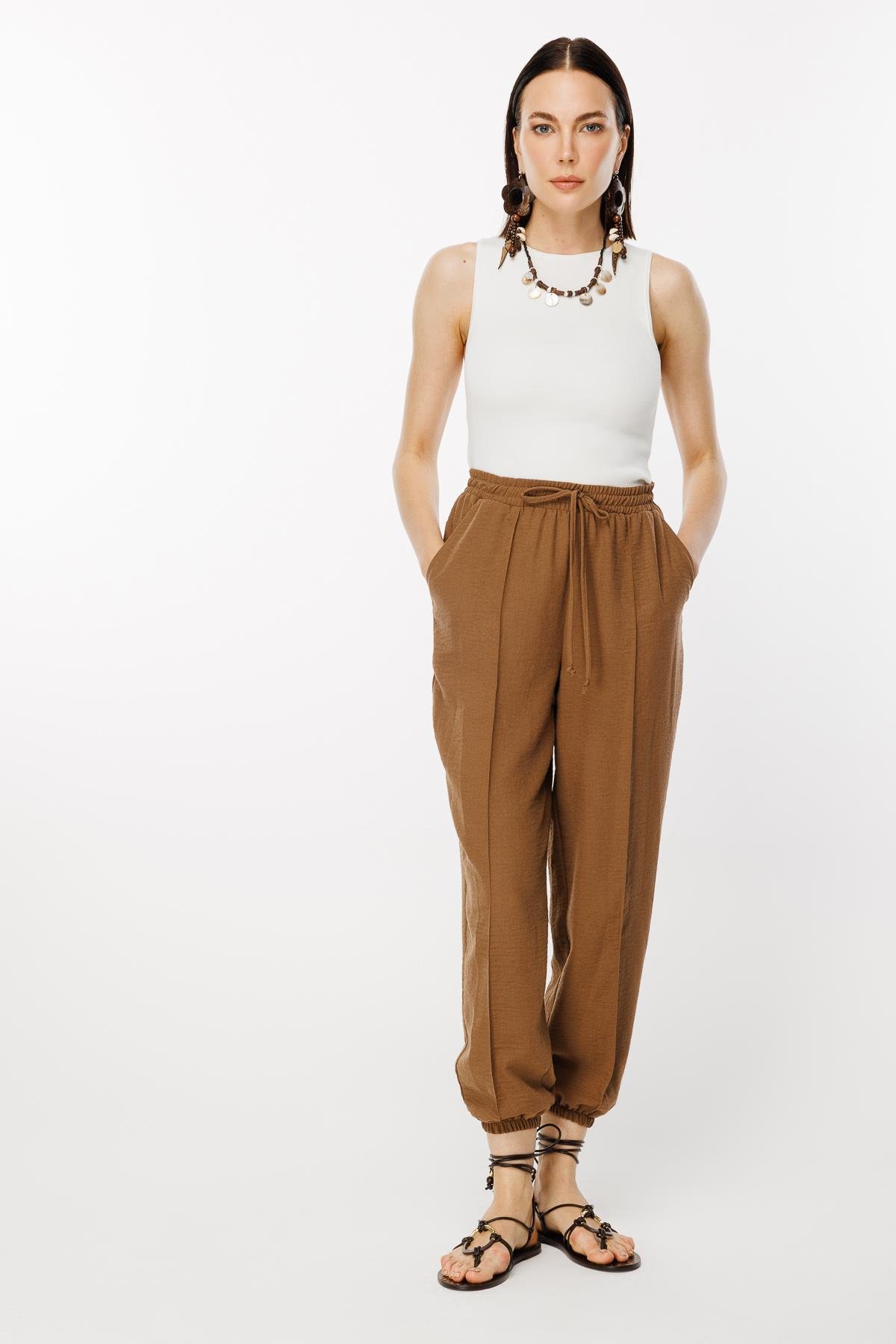 Paçası Lastikli Nervür Detaylı Keten Pantolon - KAHVE