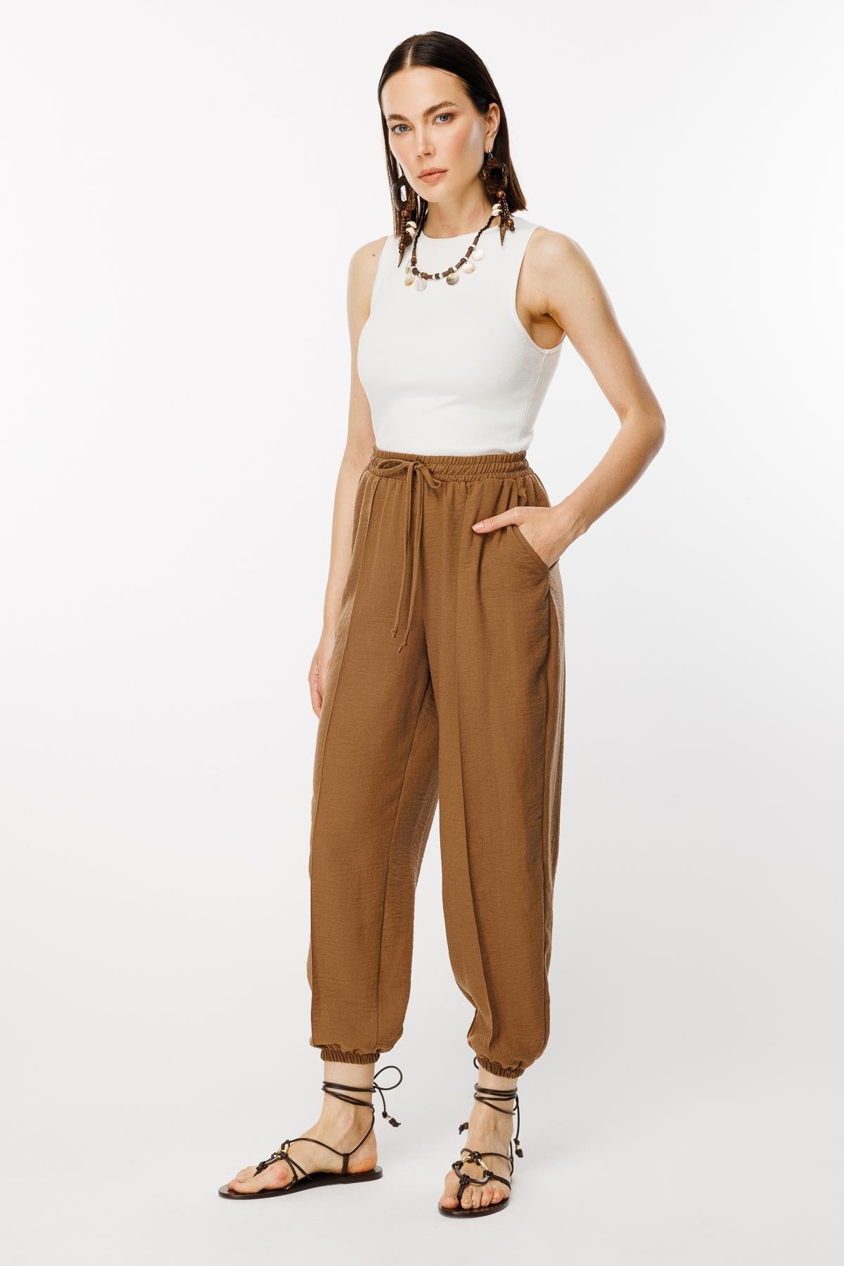 Paçası Lastikli Nervür Detaylı Keten Pantolon - KAHVE