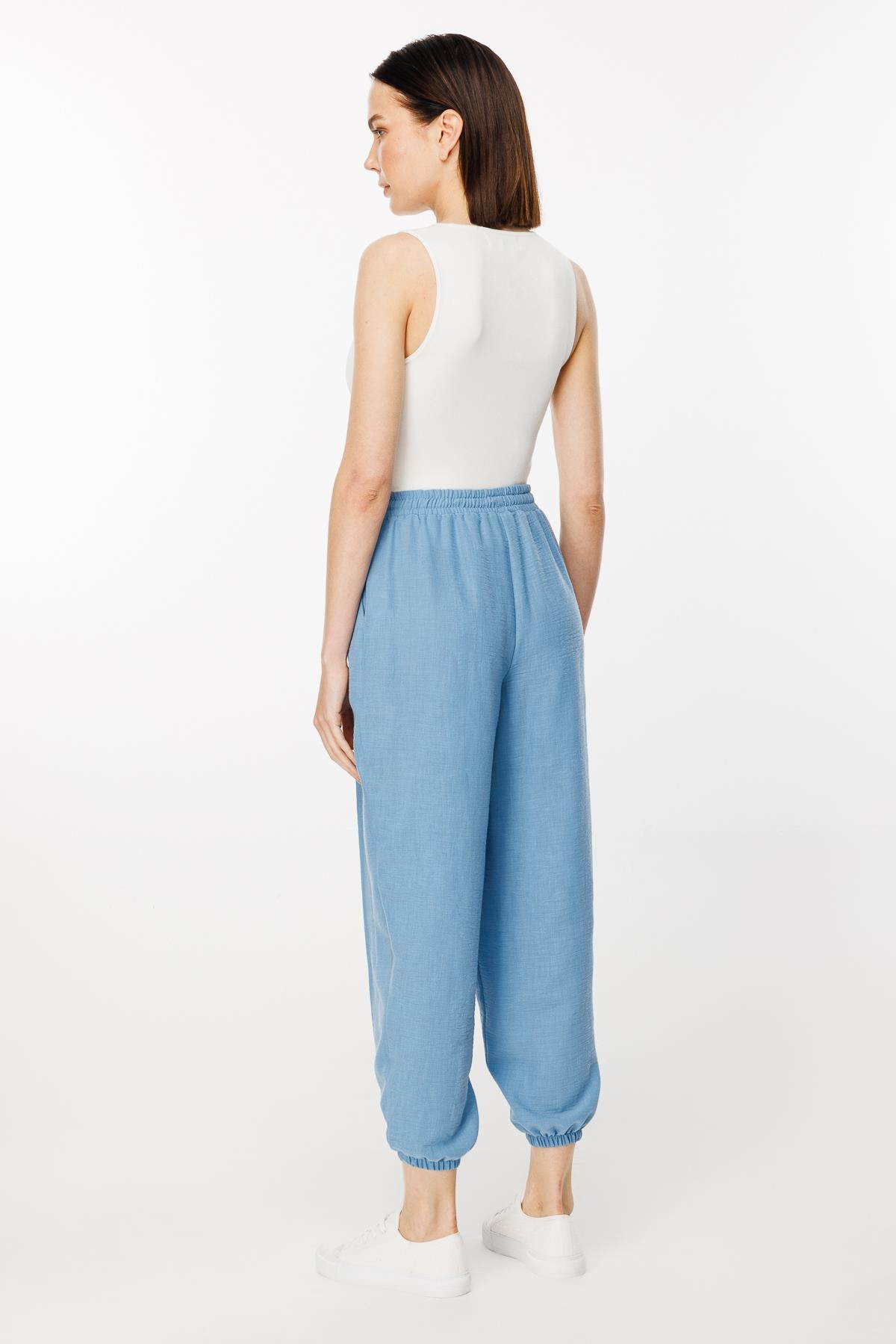 Paçası Lastikli Nervür Detaylı Keten Pantolon - MAVİ