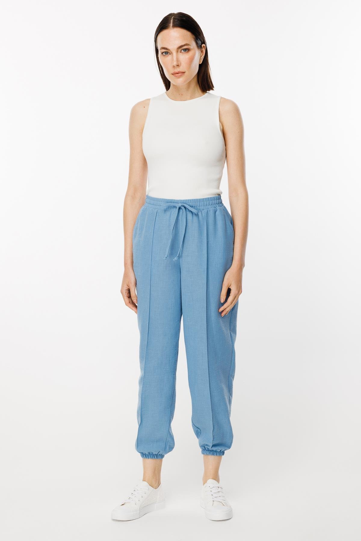 Paçası Lastikli Nervür Detaylı Keten Pantolon - MAVİ