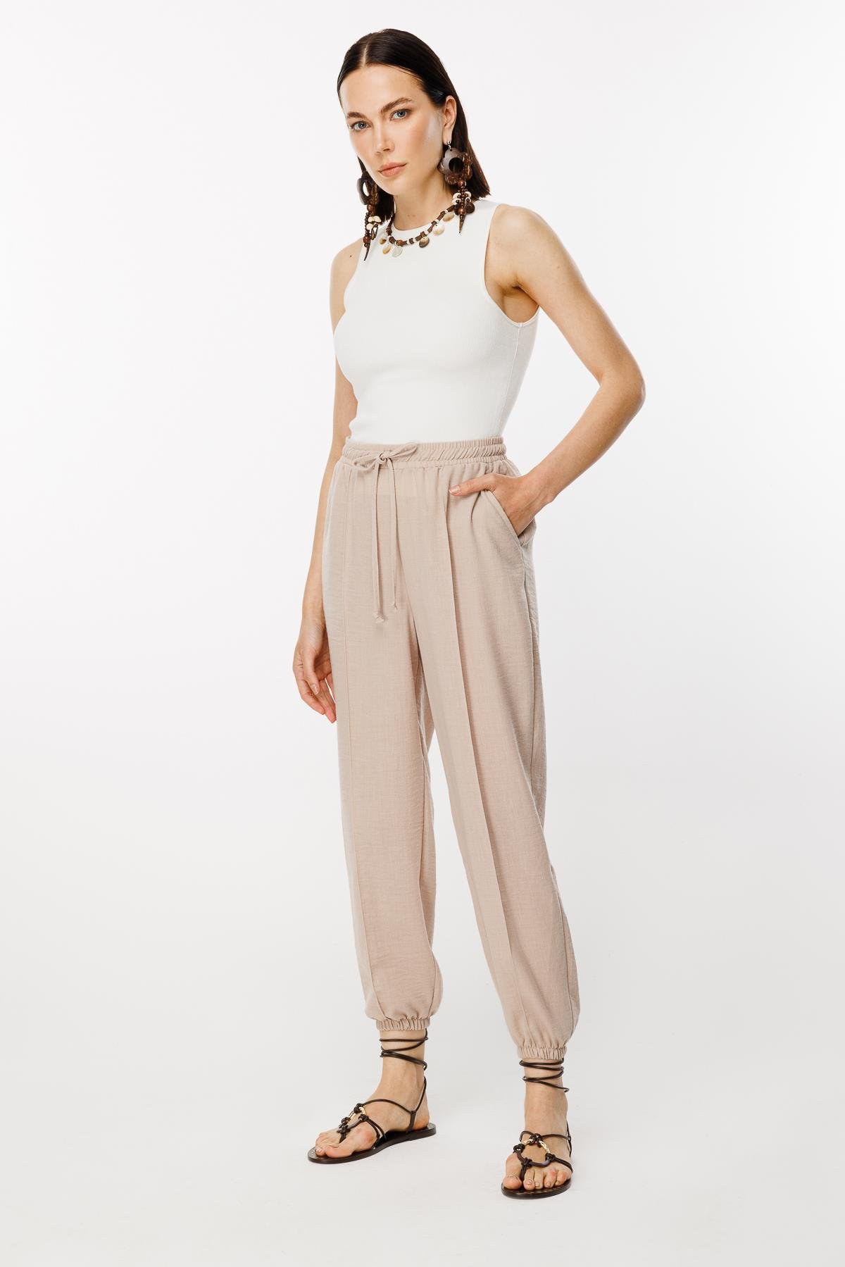 Paçası Lastikli Nervür Detaylı Keten Pantolon - TAŞ